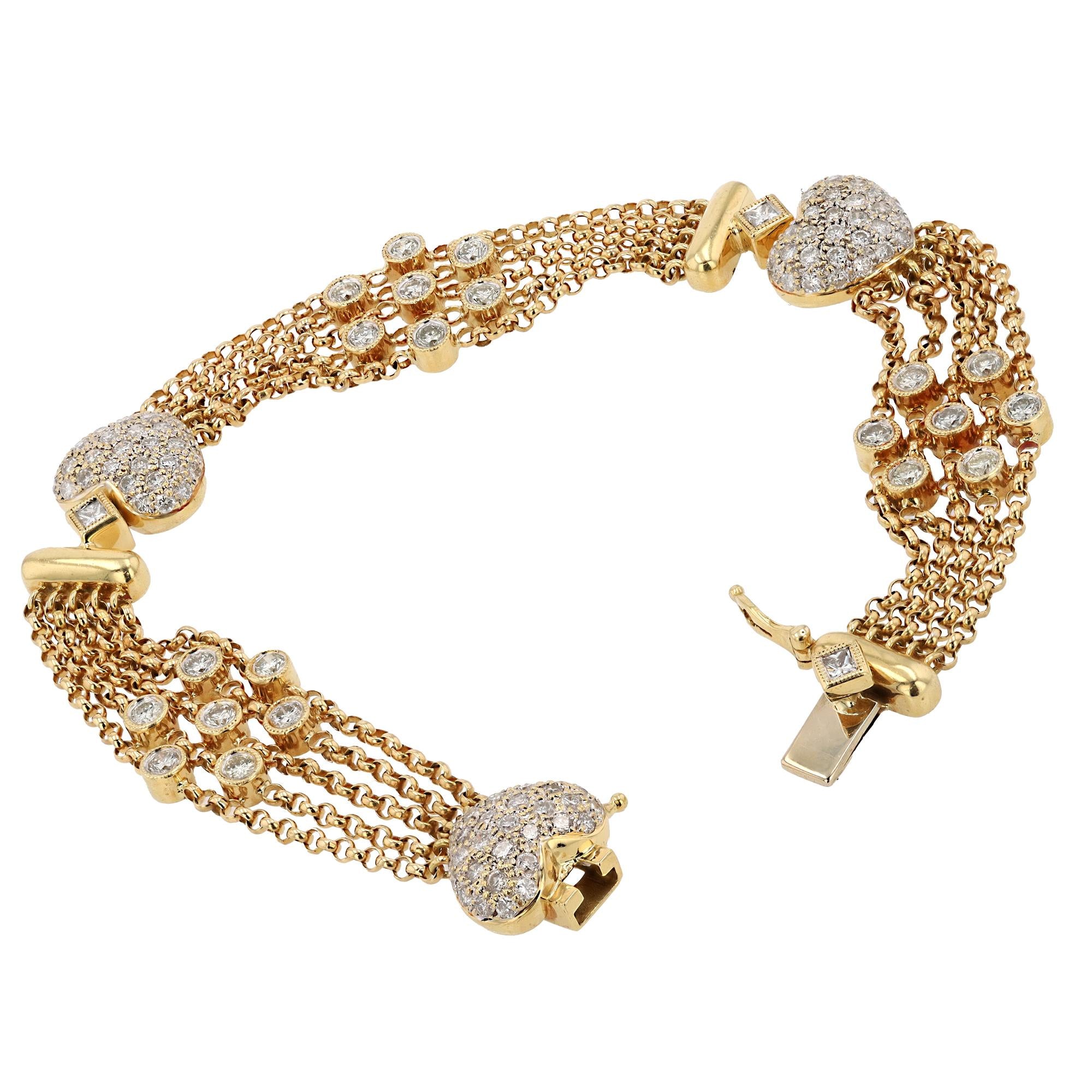 RDY 1990s 18k Gold Designer 2 Carat Pavé Diamond Heart Link Bracelet