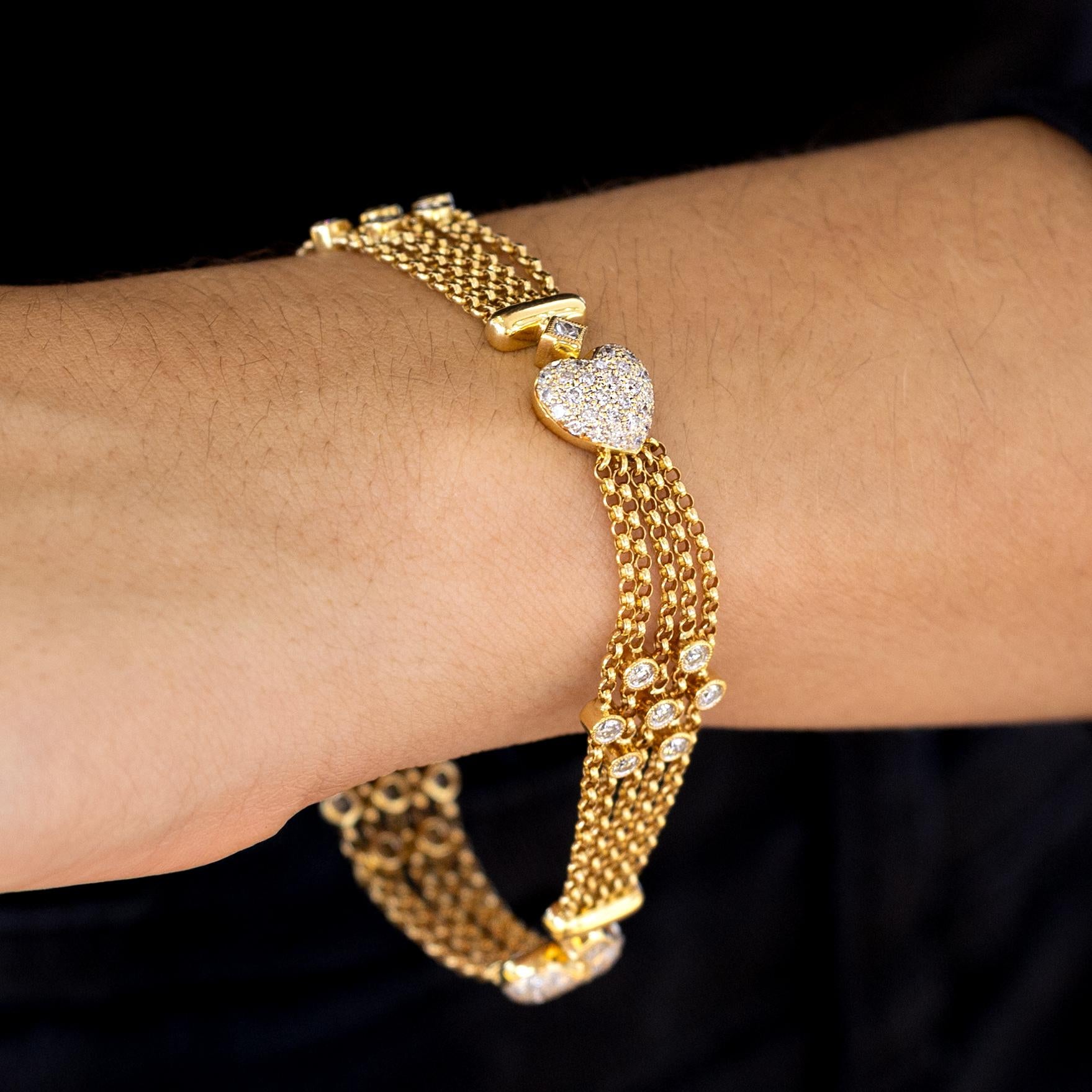 RDY 1990s 18k Gold Designer 2 Carat Pavé Diamond Heart Link Bracelet