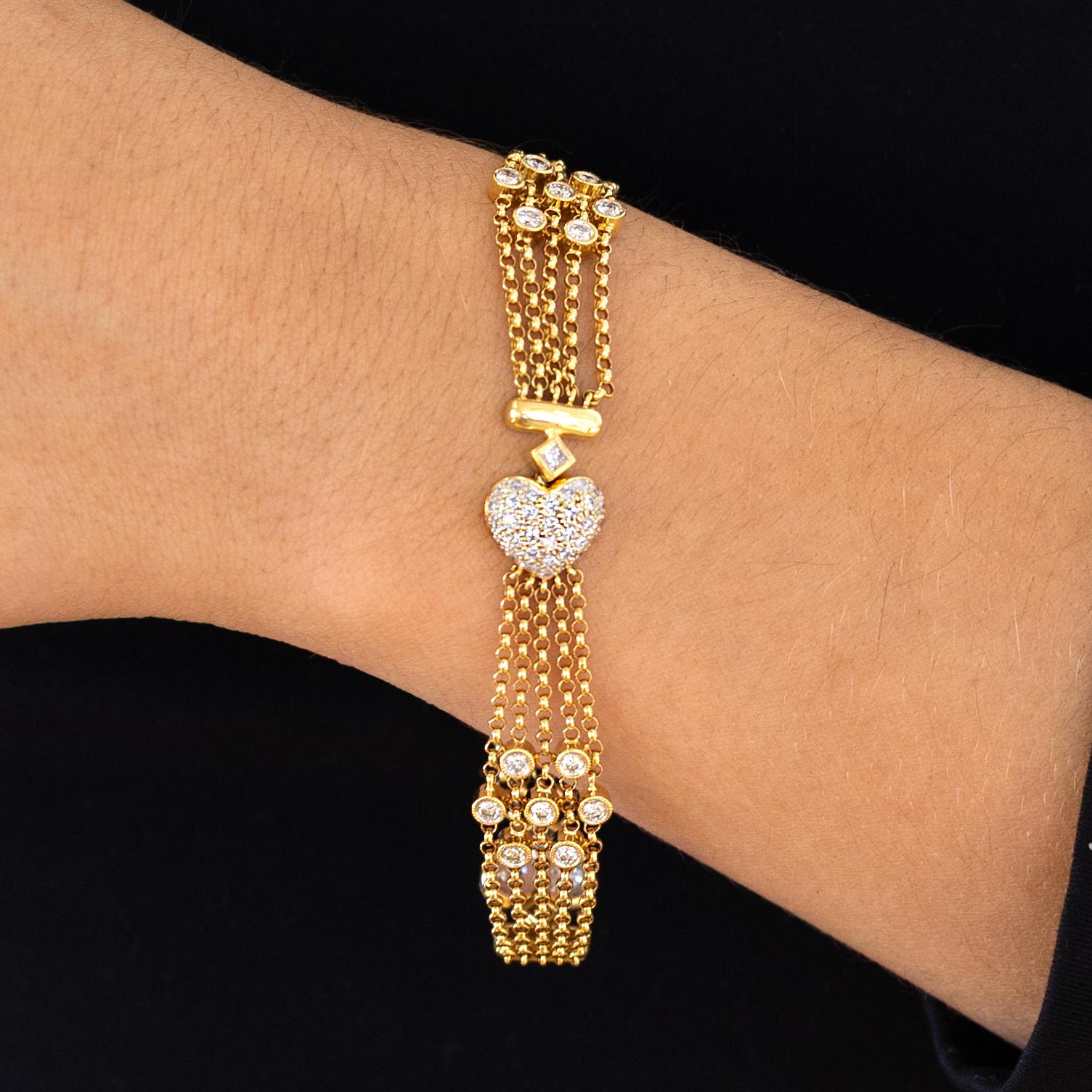 RDY 1990s 18k Gold Designer 2 Carat Pavé Diamond Heart Link Bracelet