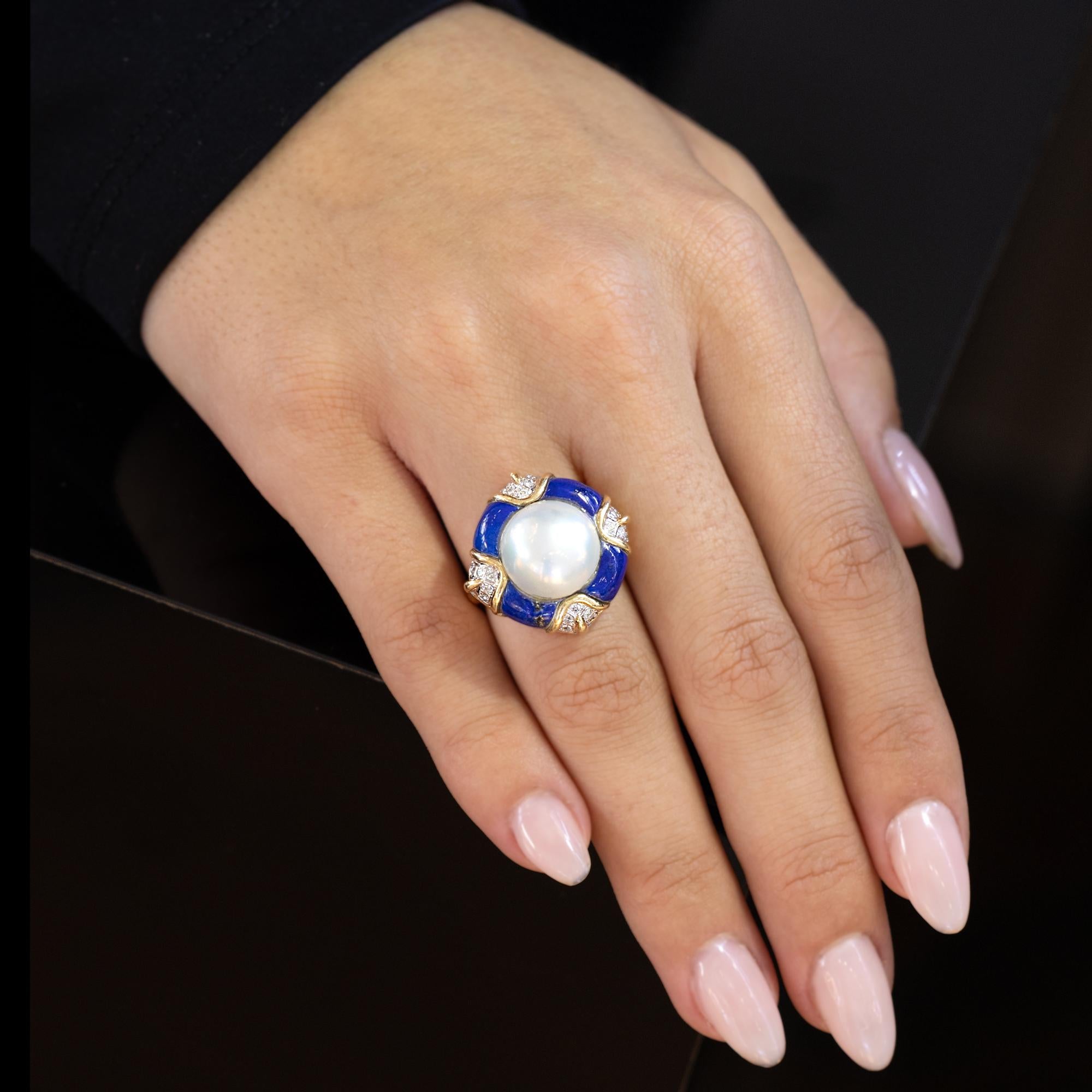 Vintage Mabè Pearl Lapis & Diamond 14k Gold Cocktail Ring