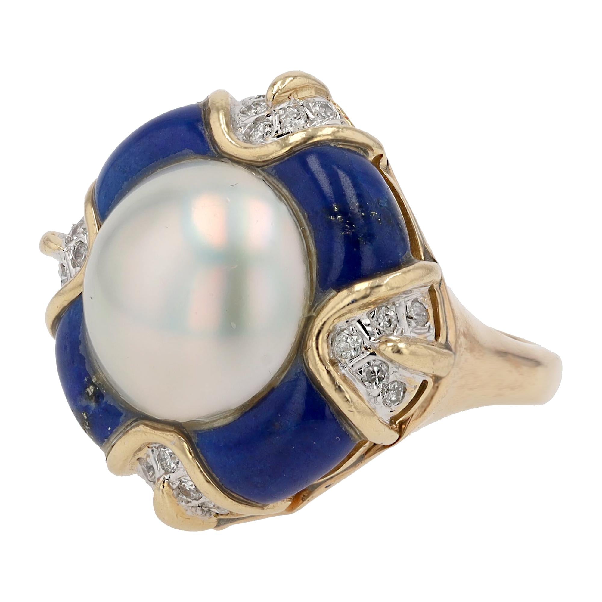 Vintage Mabè Pearl Lapis & Diamond 14k Gold Cocktail Ring