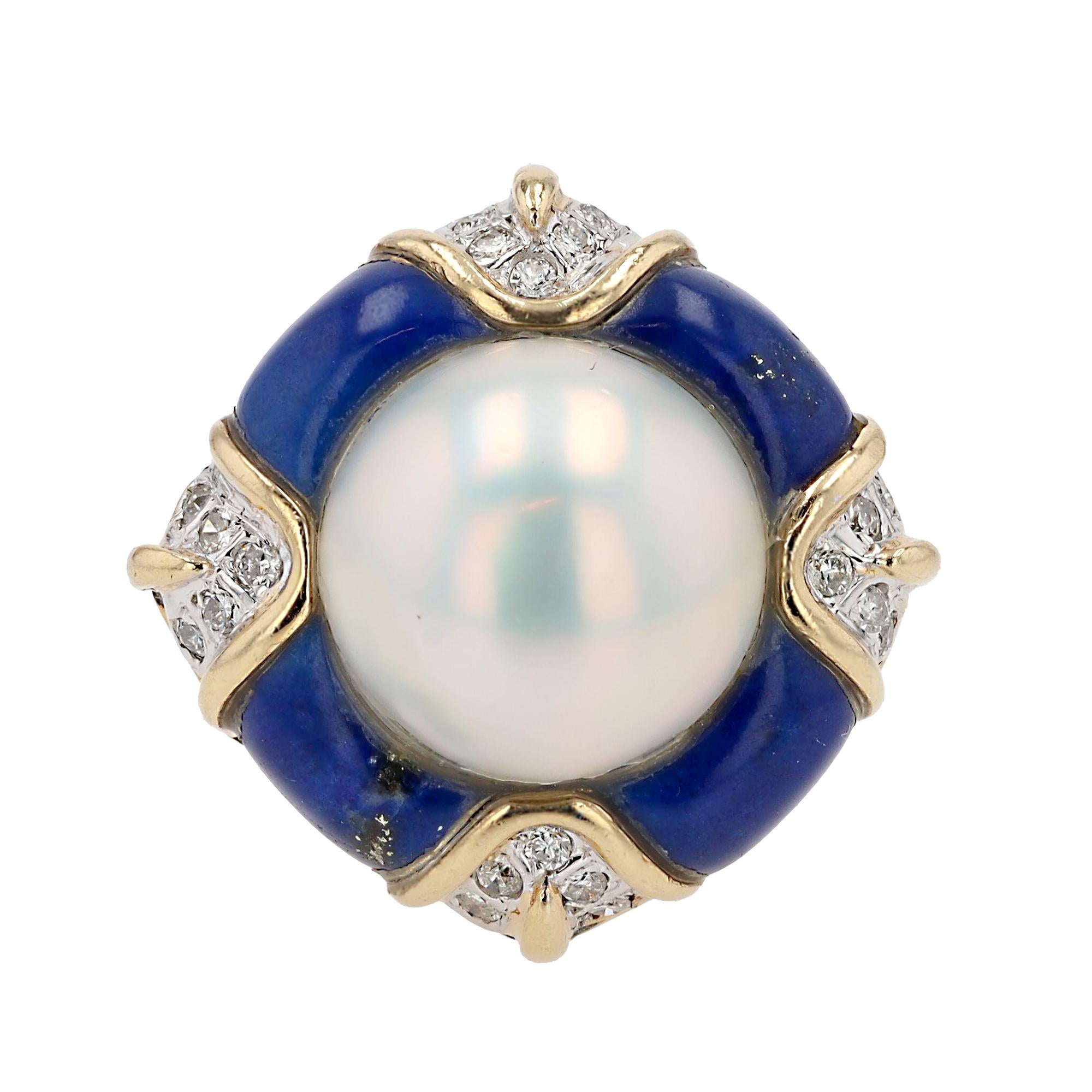 Vintage Mabè Pearl Lapis & Diamond 14k Gold Cocktail Ring