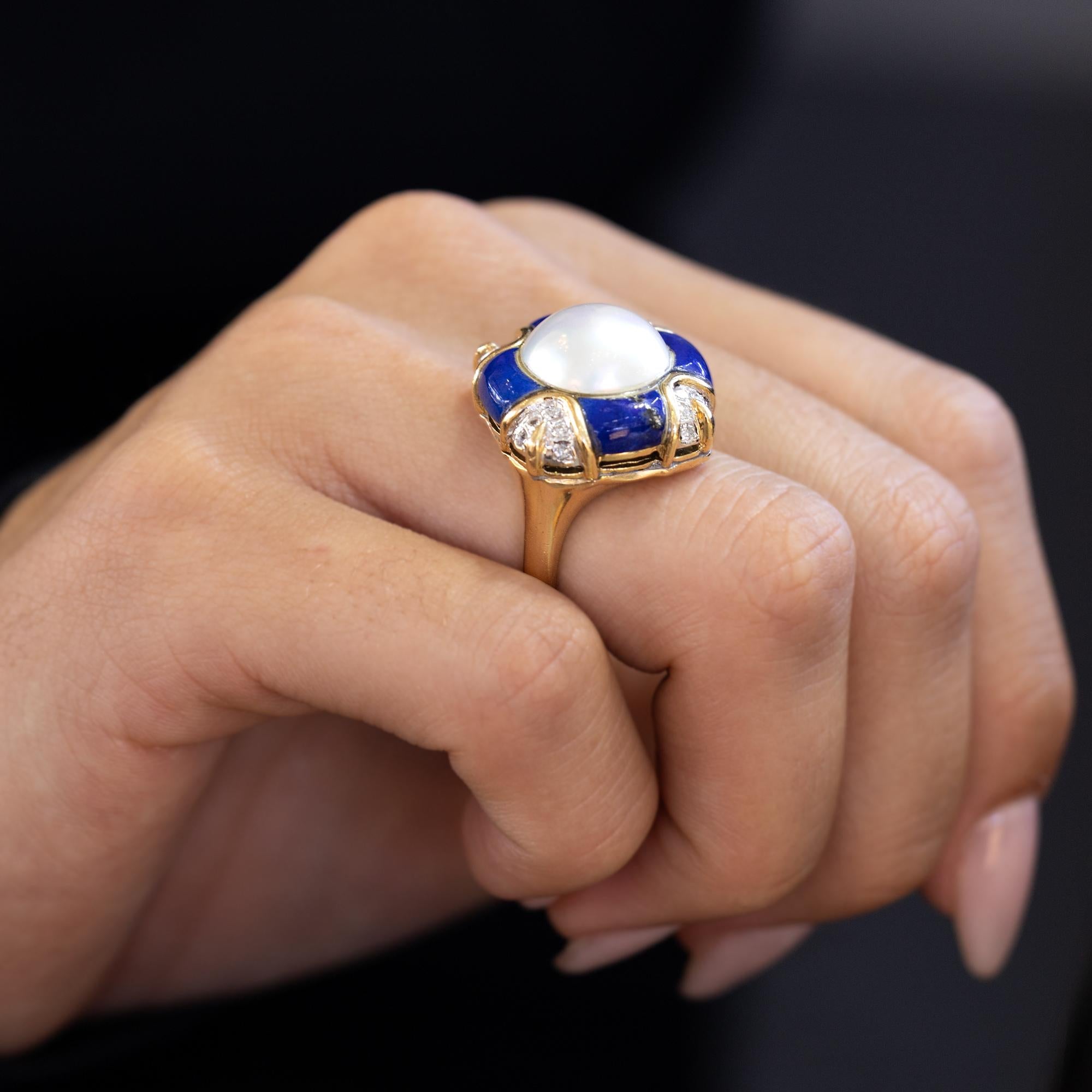 Vintage Mabè Pearl Lapis & Diamond 14k Gold Cocktail Ring