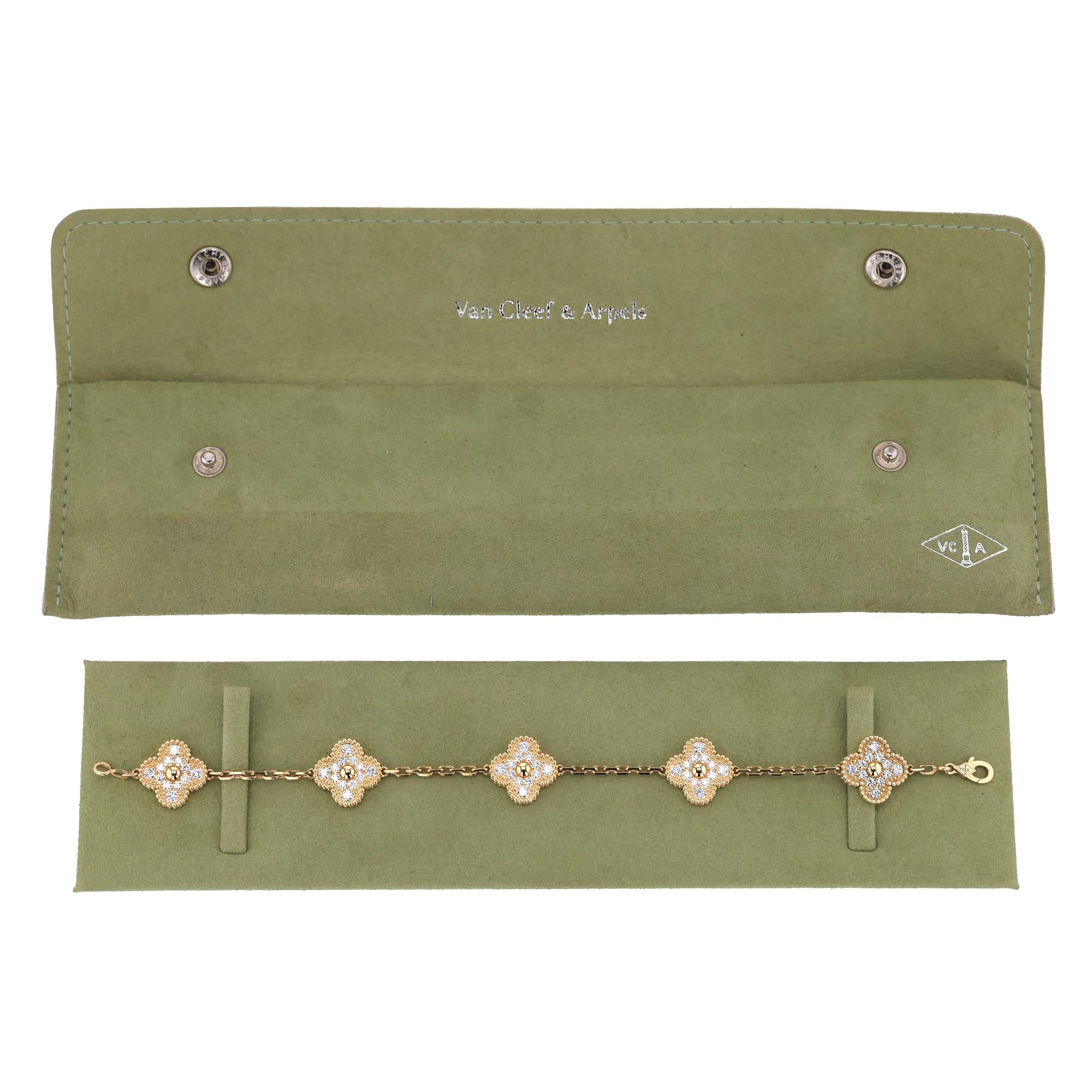 Vintage Van Cleef & Arpels Alhambra 5 Motif Diamond 18k Yellow Gold Bracelet