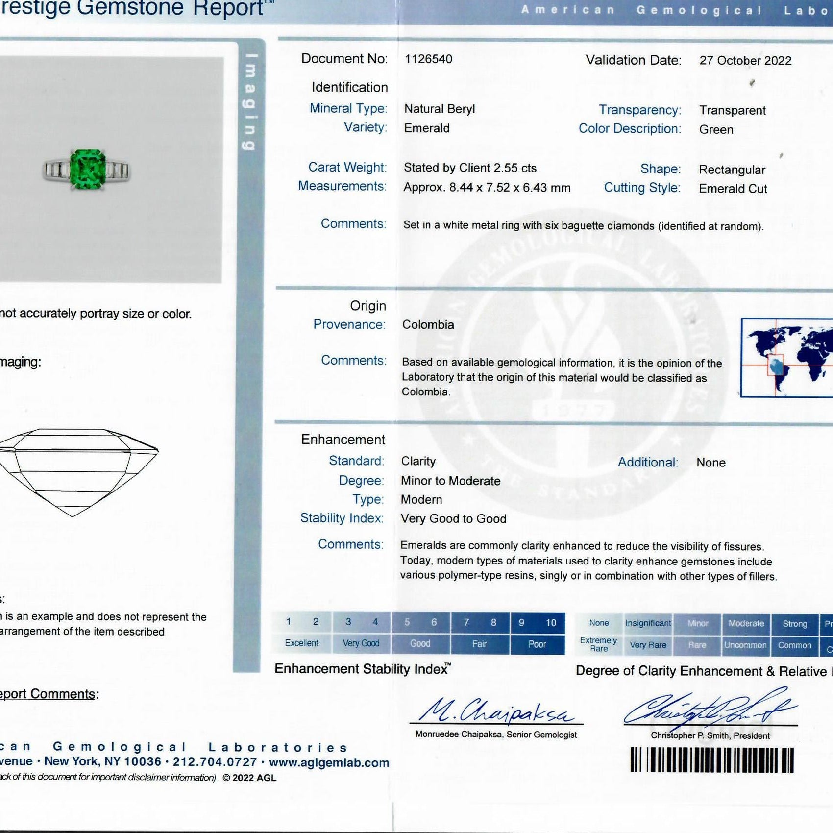 AGL Certified 2.55 Carat Colombian Emerald Diamond Ring