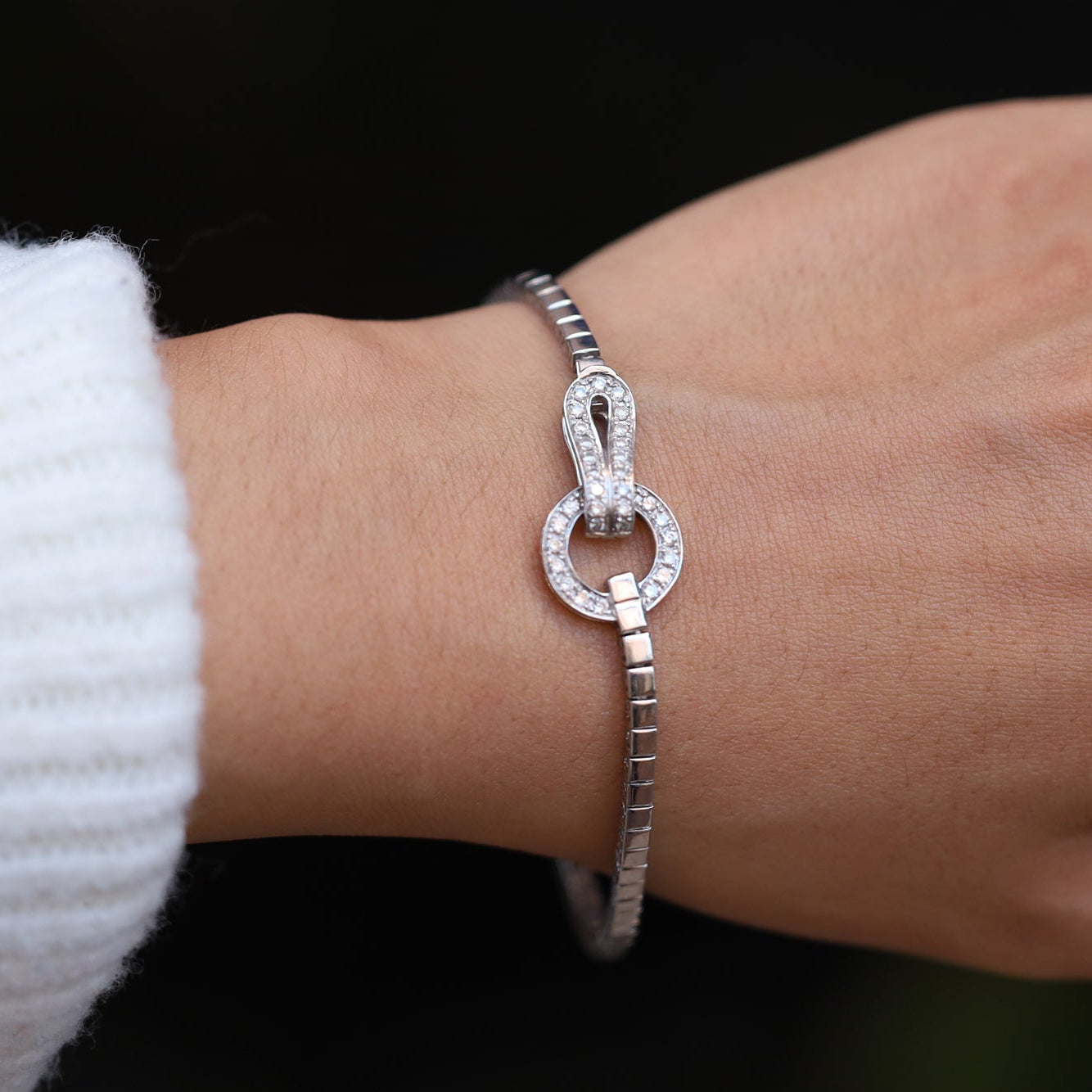 Agrafe Style Italian 18k White Gold & Diamond Designer Buckle Bracelet