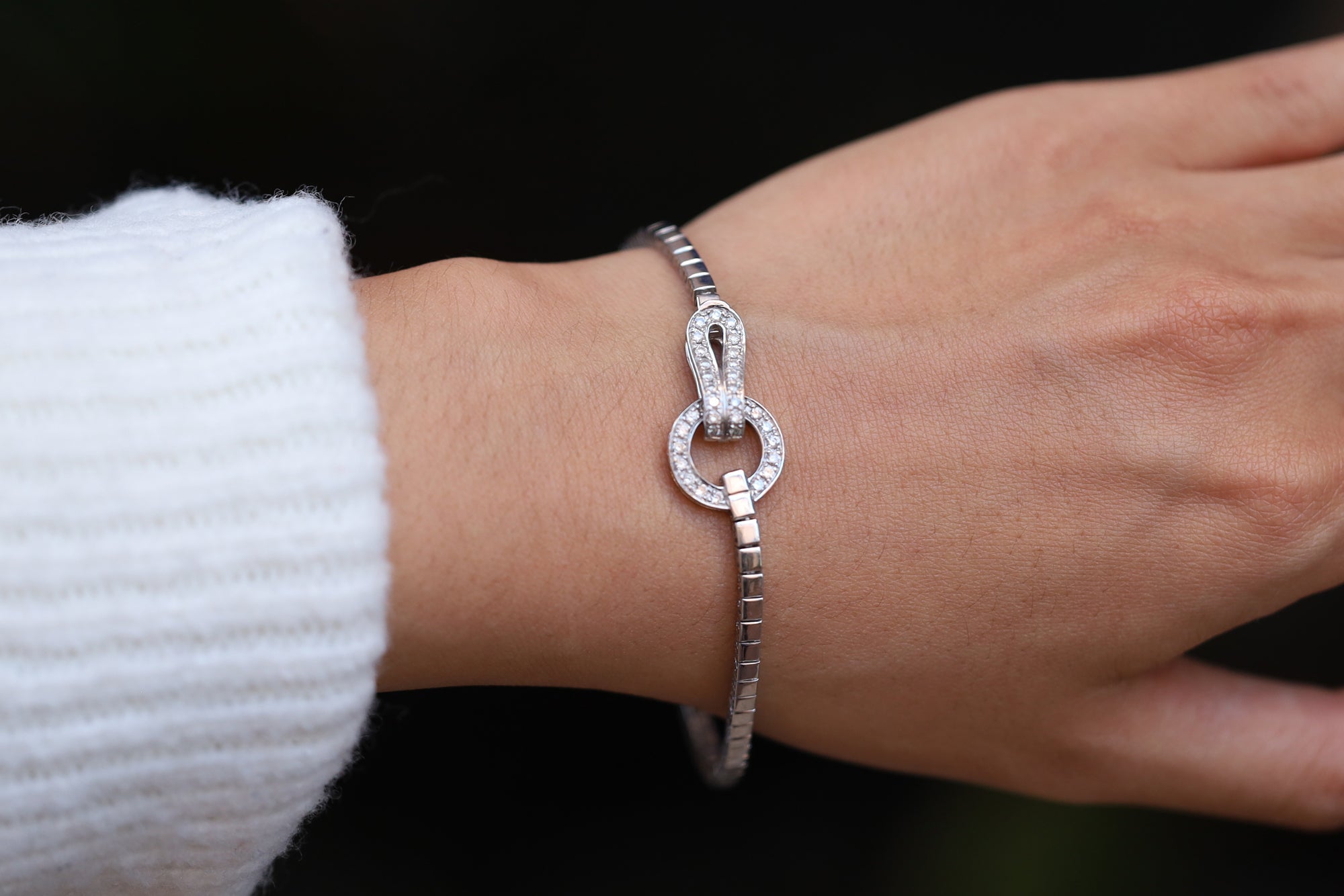 Agrafe Style Italian 18k White Gold & Diamond Designer Buckle Bracelet