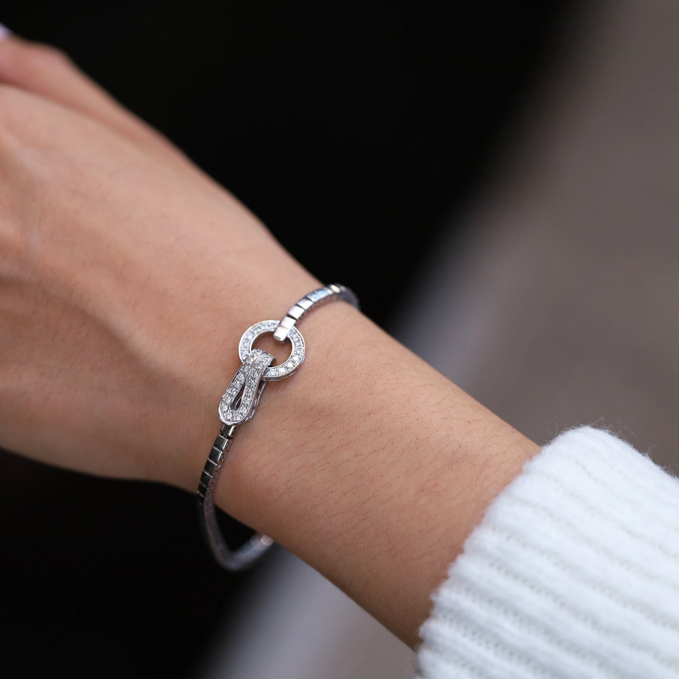 Agrafe Style Italian 18k White Gold & Diamond Designer Buckle Bracelet