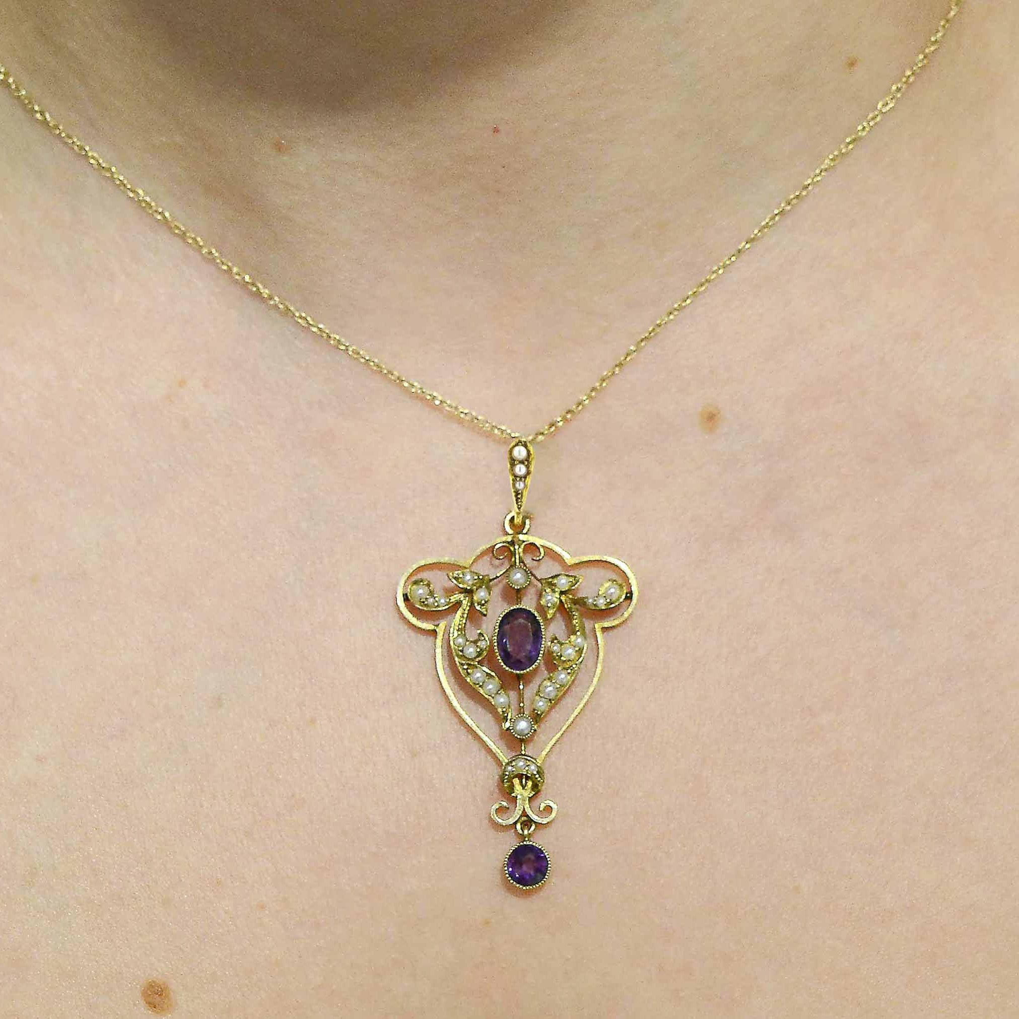 Alphonse Mucha Era Art Nouveau Amethyst & Seed Pearl Necklace