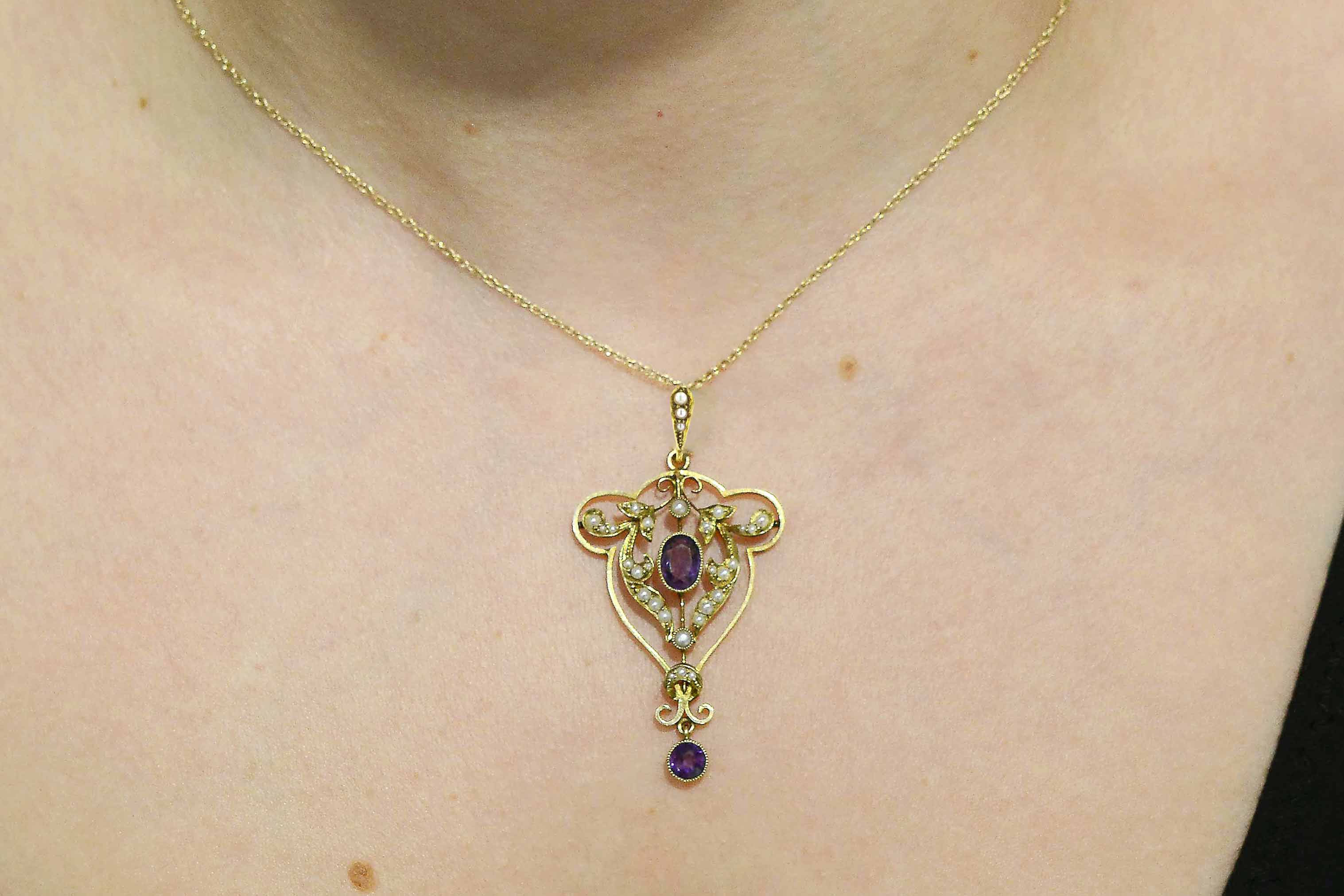 Alphonse Mucha Era Art Nouveau Amethyst & Seed Pearl Necklace