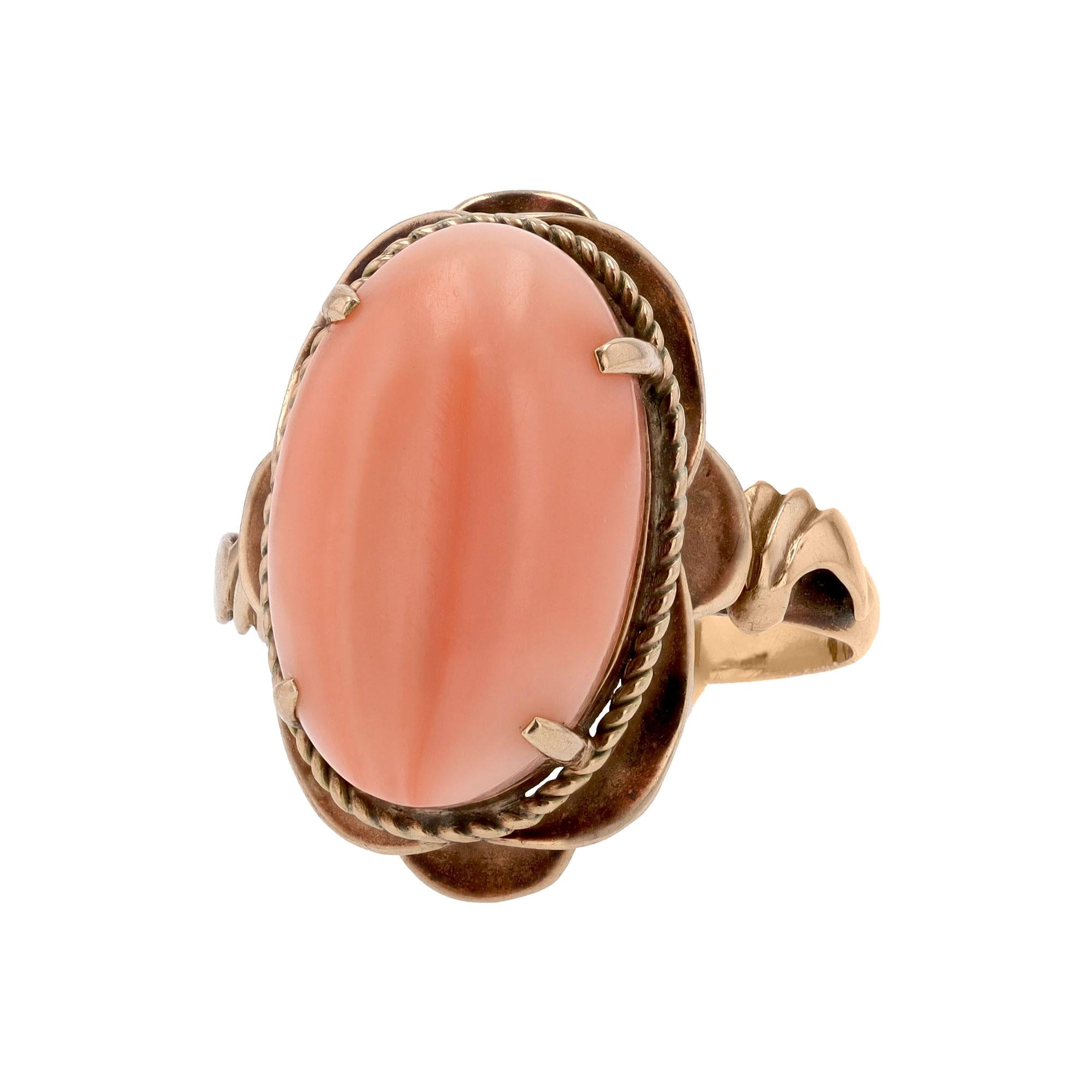 Vintage Art Nouveau Angel Skin Coral & 18k Rose Gold Ring