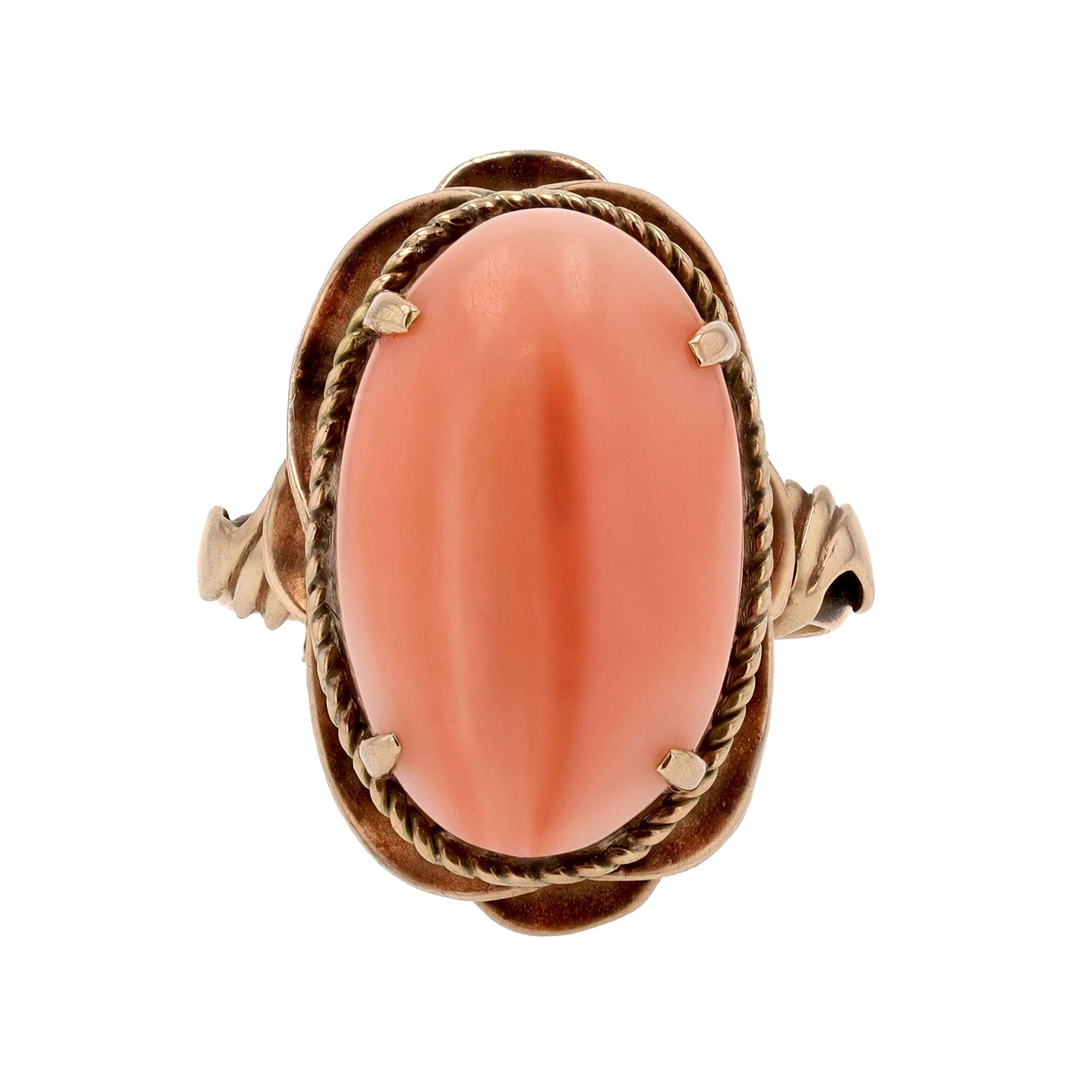 Vintage Art Nouveau Angel Skin Coral & 18k Rose Gold Ring