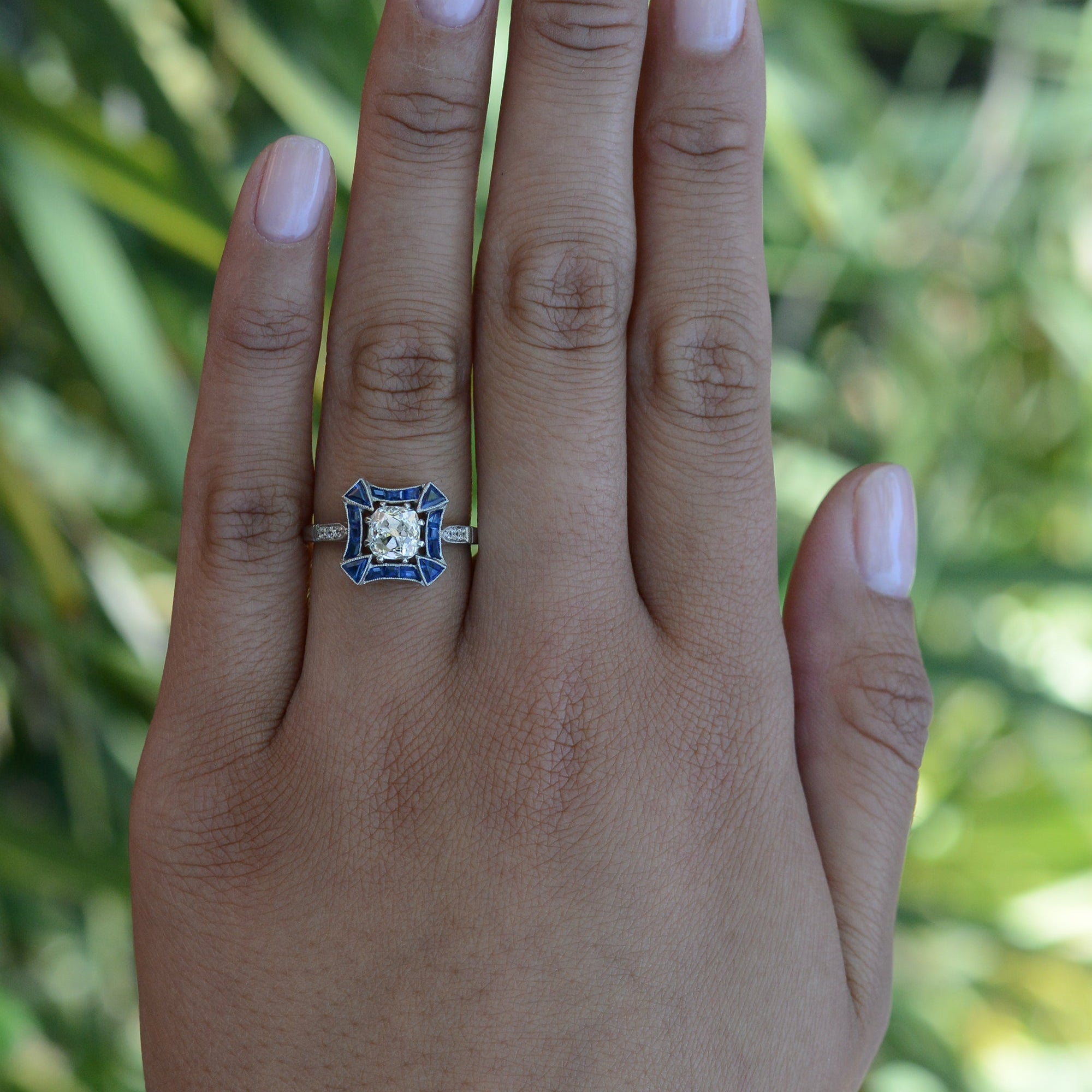 Antique 1.11 Carat Old Mine Diamond & Sapphire Engagement Ring