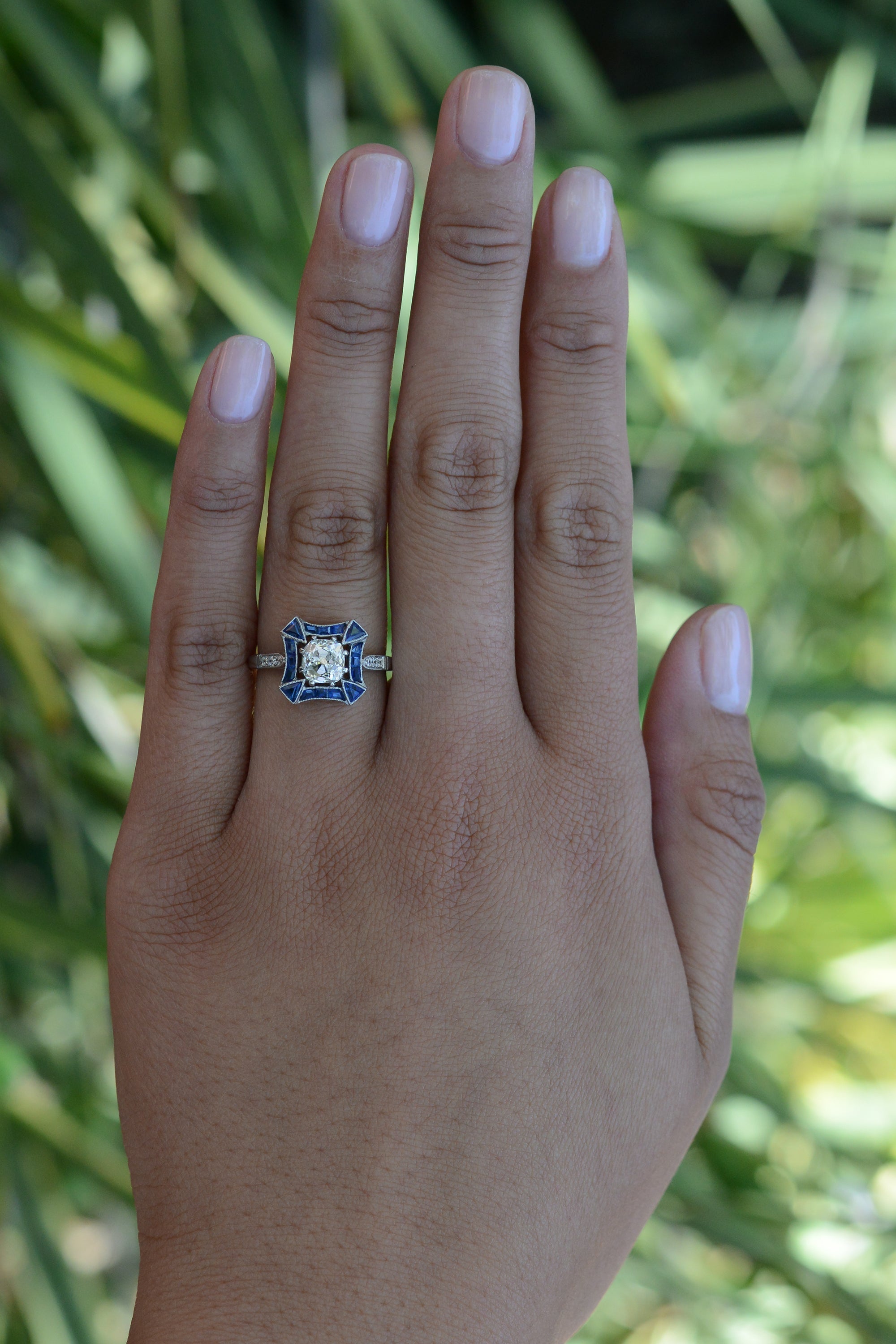 Antique 1.11 Carat Old Mine Diamond & Sapphire Engagement Ring