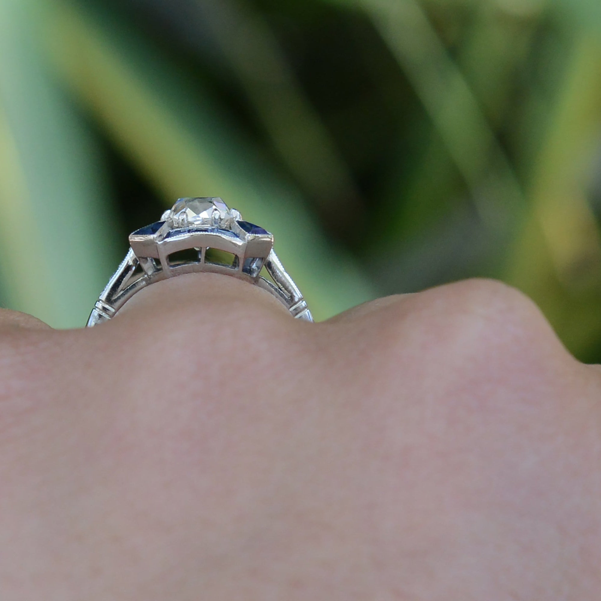 Antique 1.11 Carat Old Mine Diamond & Sapphire Engagement Ring