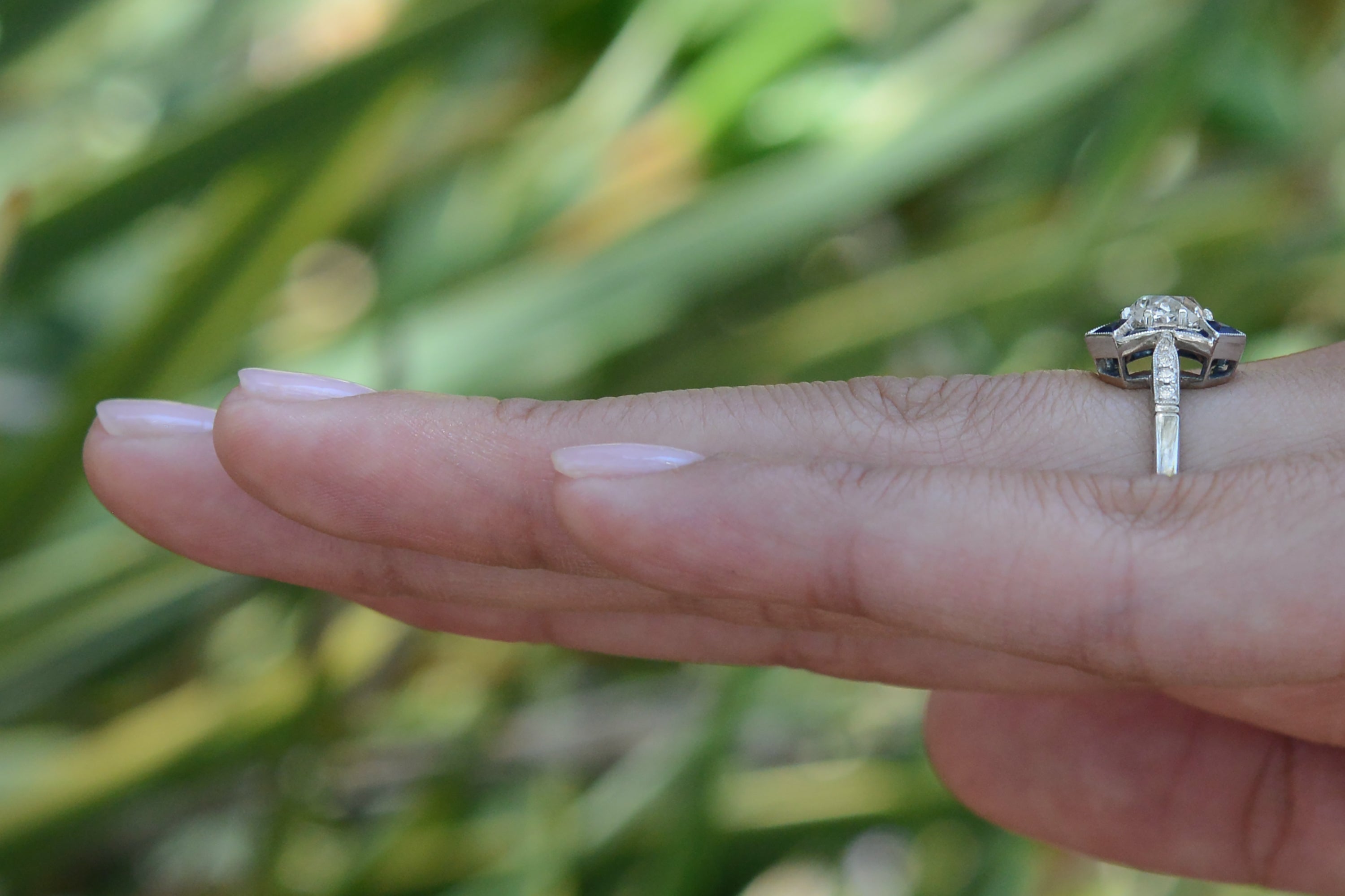 Antique 1.11 Carat Old Mine Diamond & Sapphire Engagement Ring