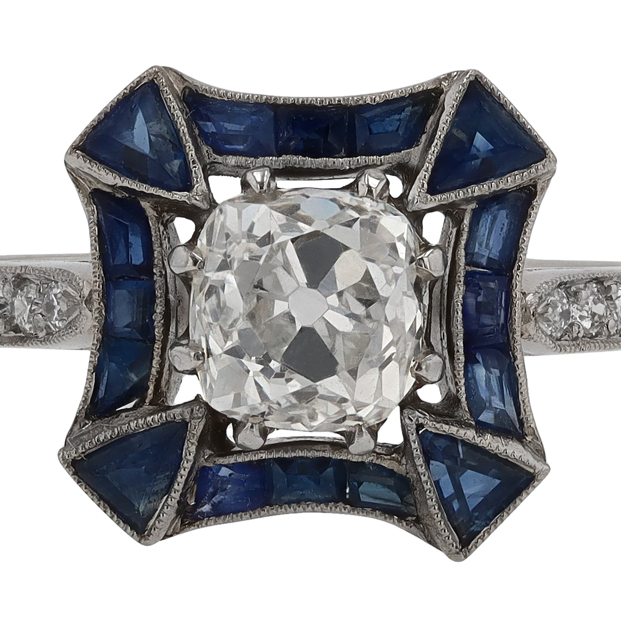 Antique 1.11 Carat Old Mine Diamond & Sapphire Engagement Ring