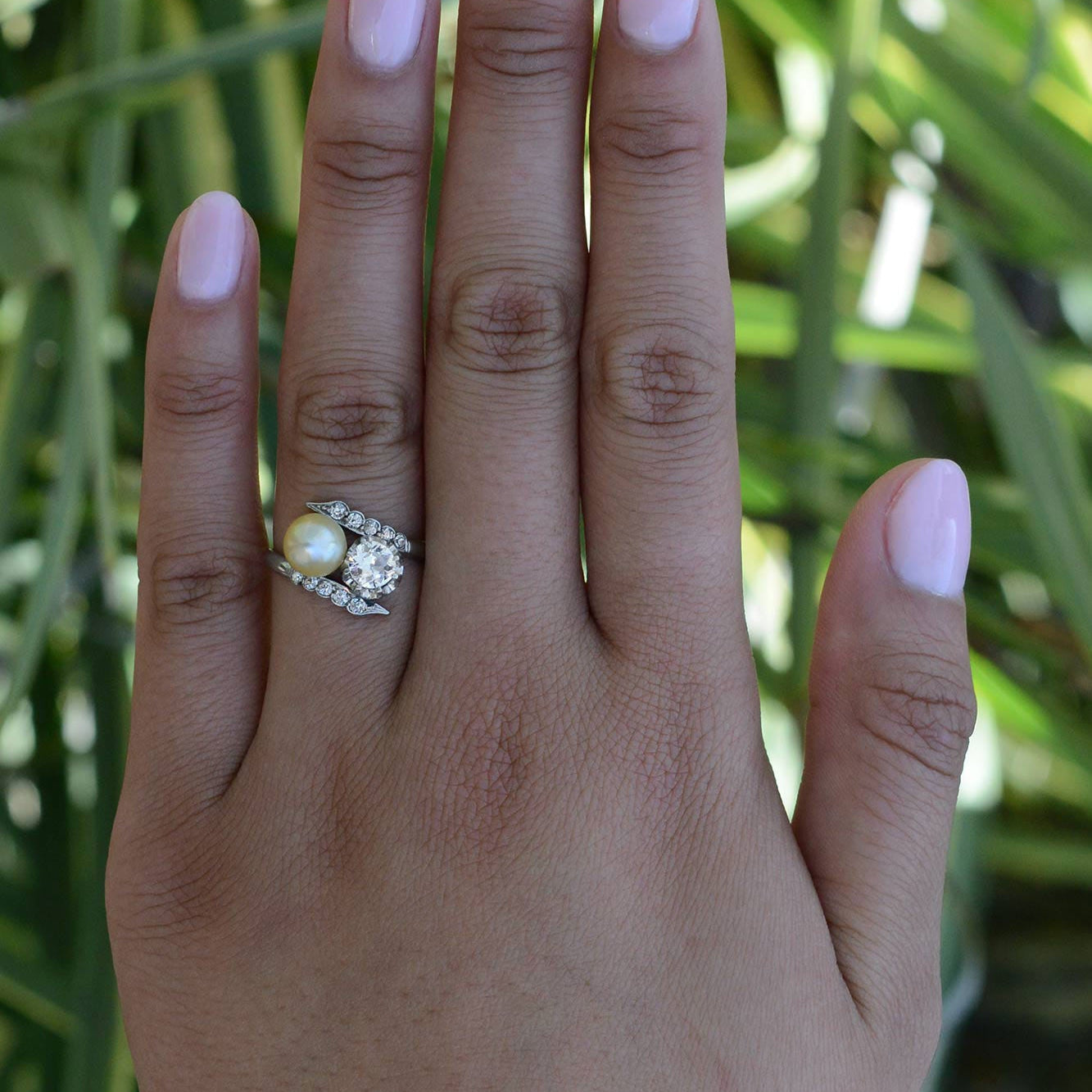 Antique 2 Stone Diamond & Natural Pearl Engagement Ring