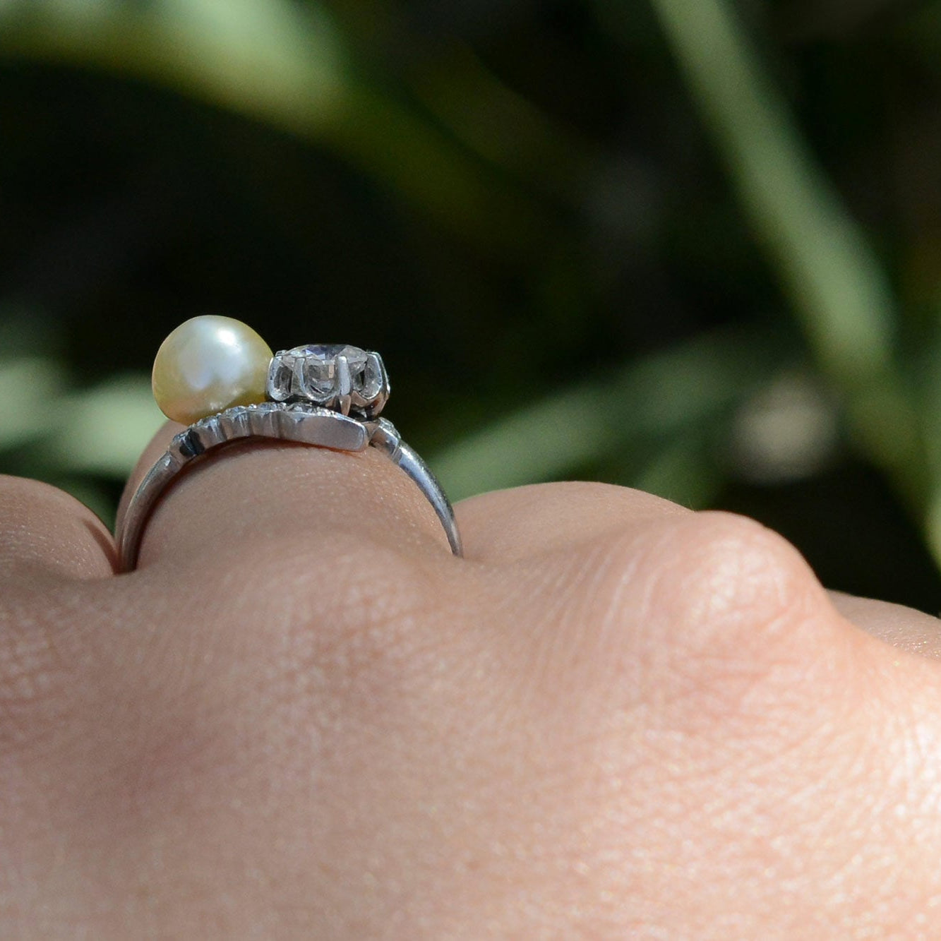 Antique 2 Stone Diamond & Natural Pearl Engagement Ring
