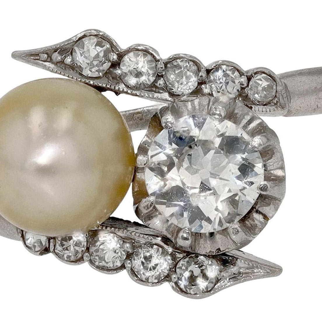 Antique 2 Stone Diamond & Natural Pearl Engagement Ring