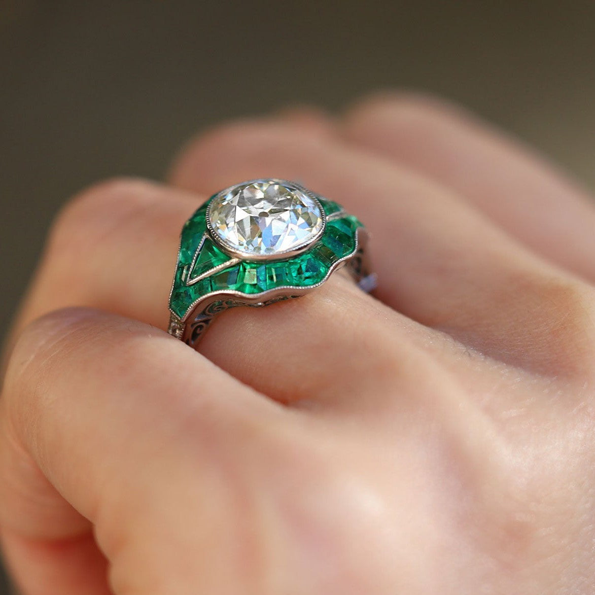 Antique 3.05 Carat Old Mine Cut Diamond & Emerald Platinum Engagement Ring