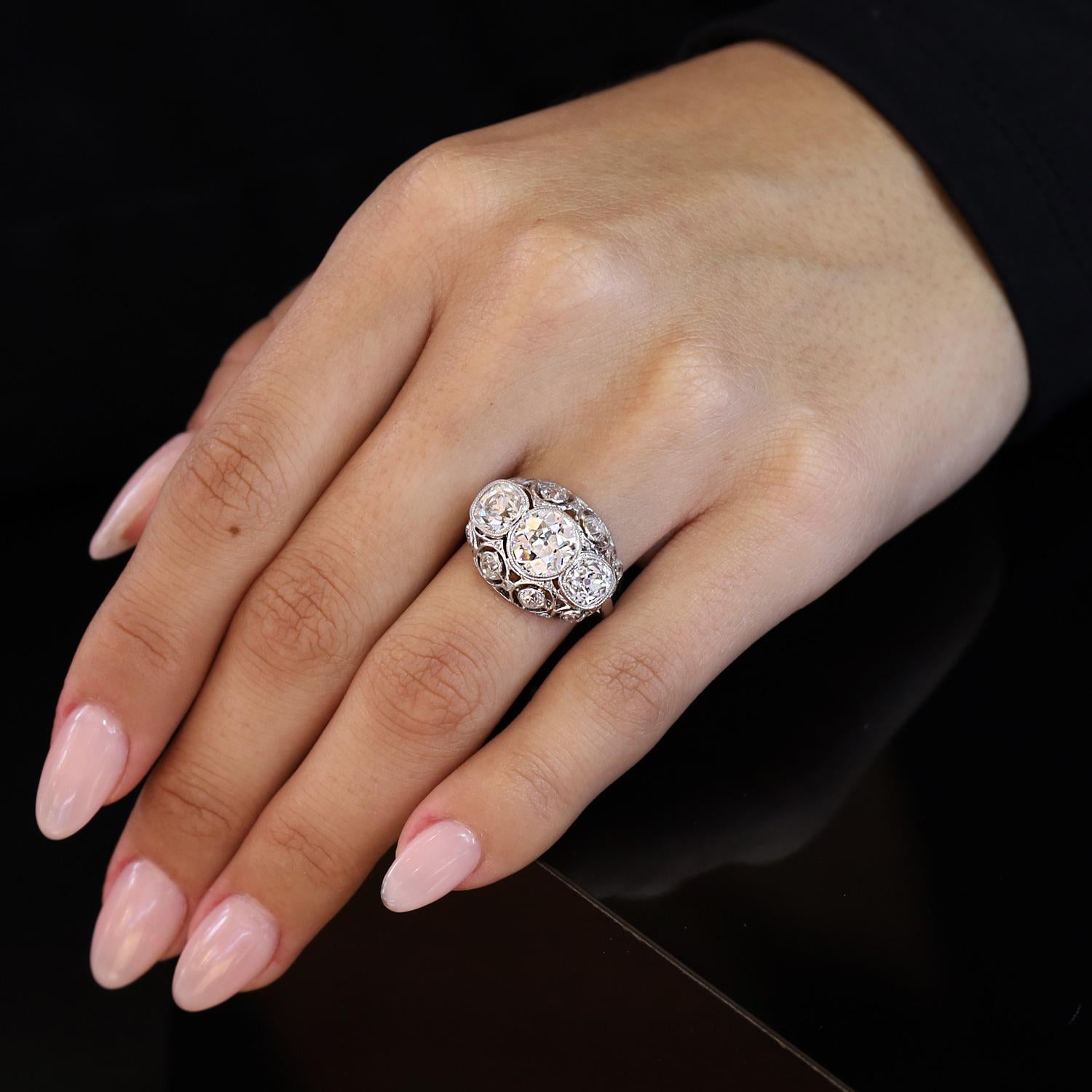 Elegant Edwardian GIA Diamond 3 Stone 4 Carat Engagement Ring