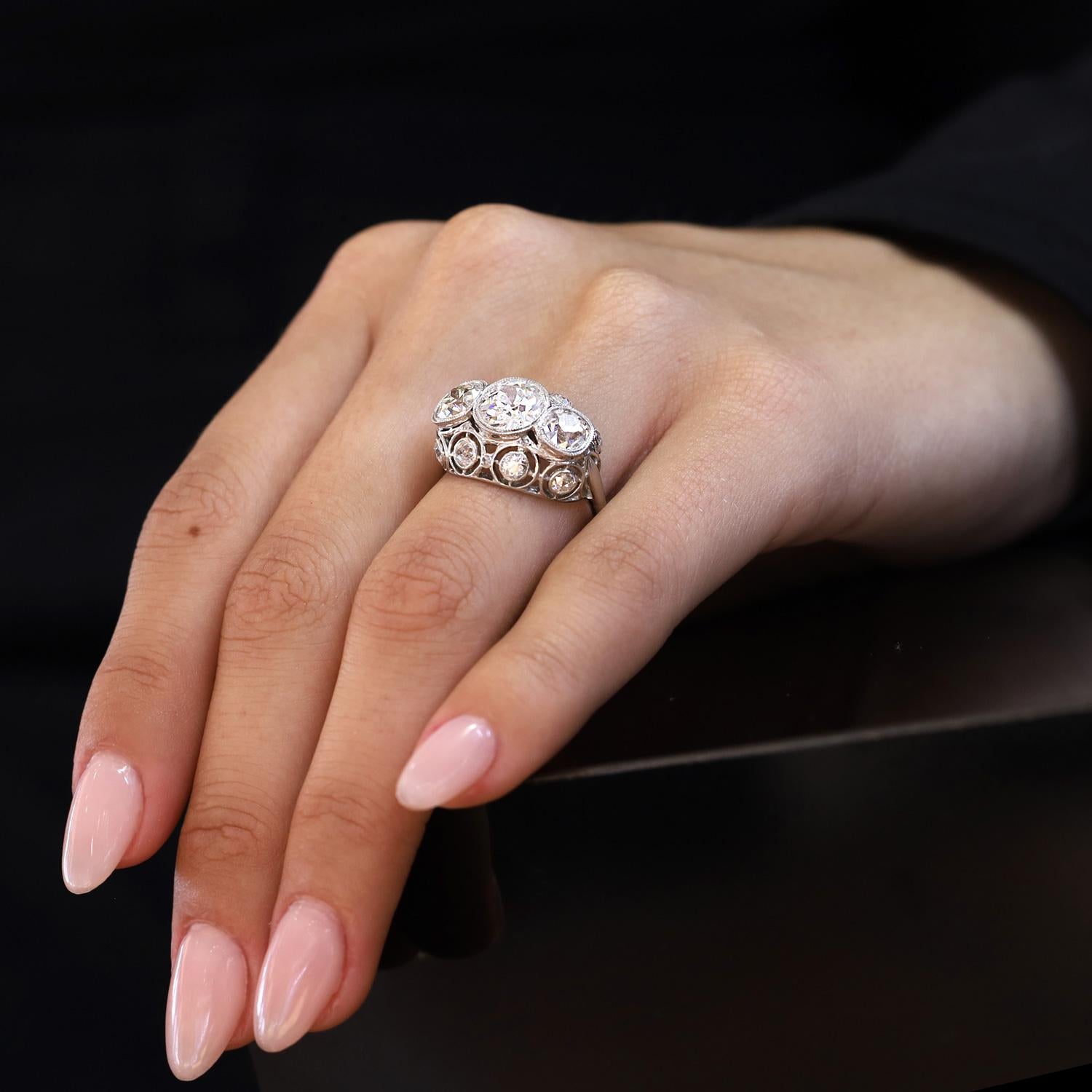 Elegant Edwardian GIA Diamond 3 Stone 4 Carat Engagement Ring