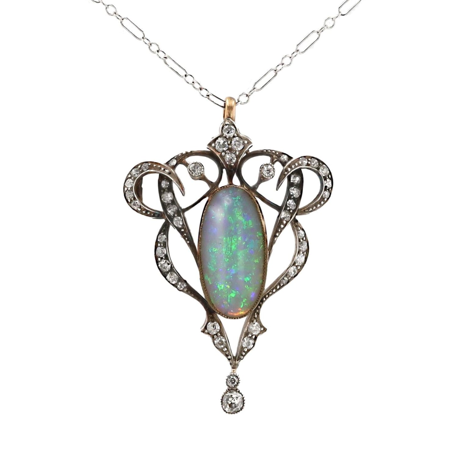 Art Nouveau Opal & Diamond Silver Topped 14k Gold Lavalier Necklace