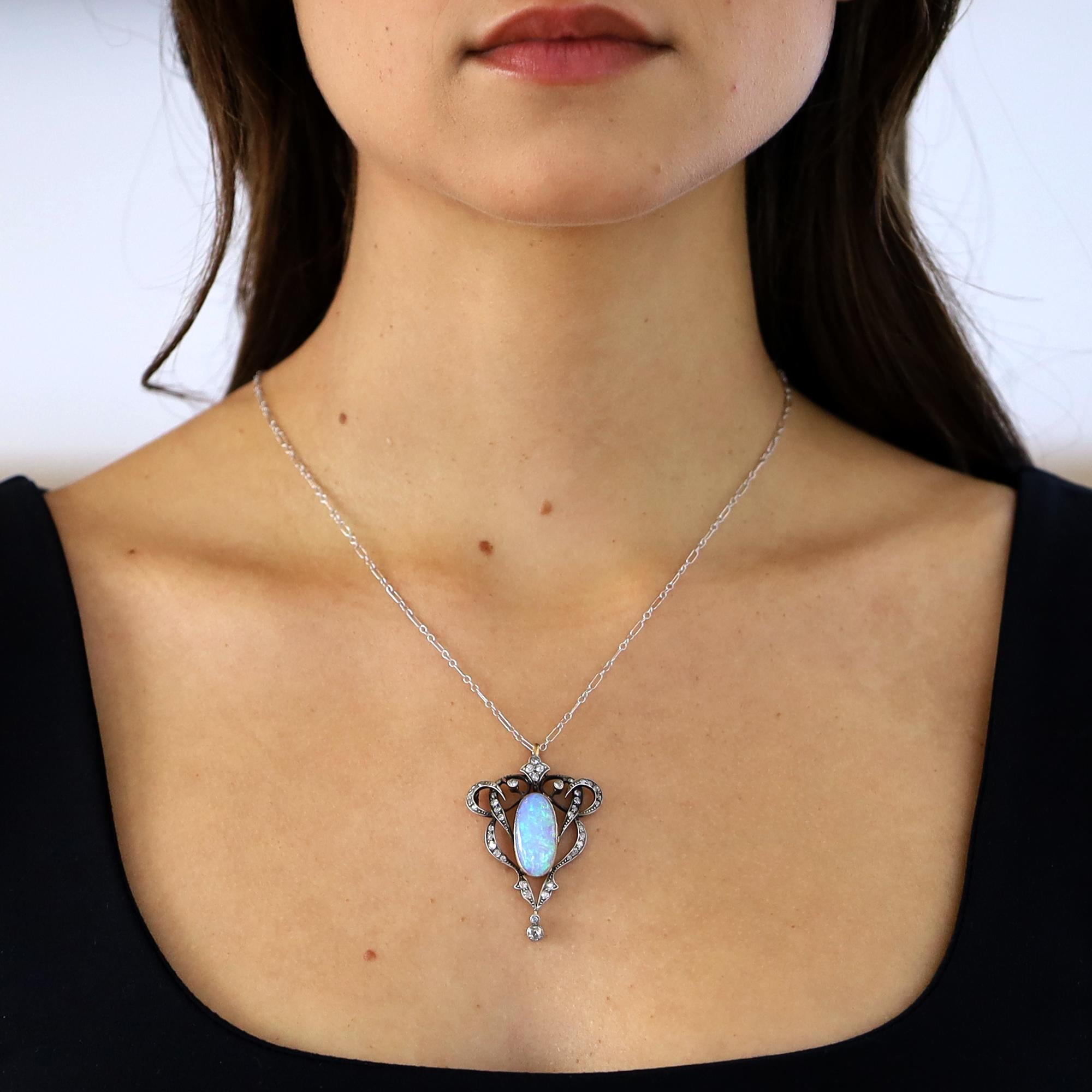 Art Nouveau Opal & Diamond Silver Topped 14k Gold Lavalier Necklace
