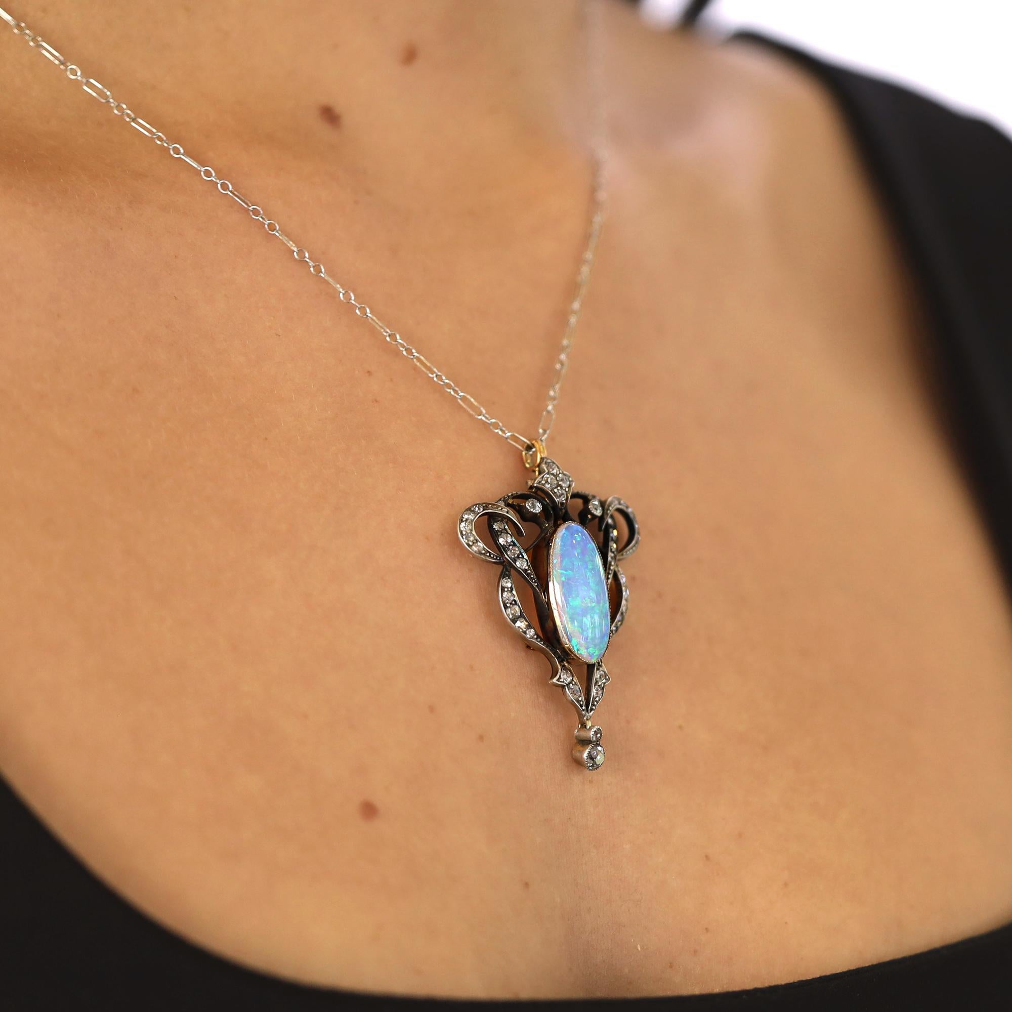 Art Nouveau Opal & Diamond Silver Topped 14k Gold Lavalier Necklace