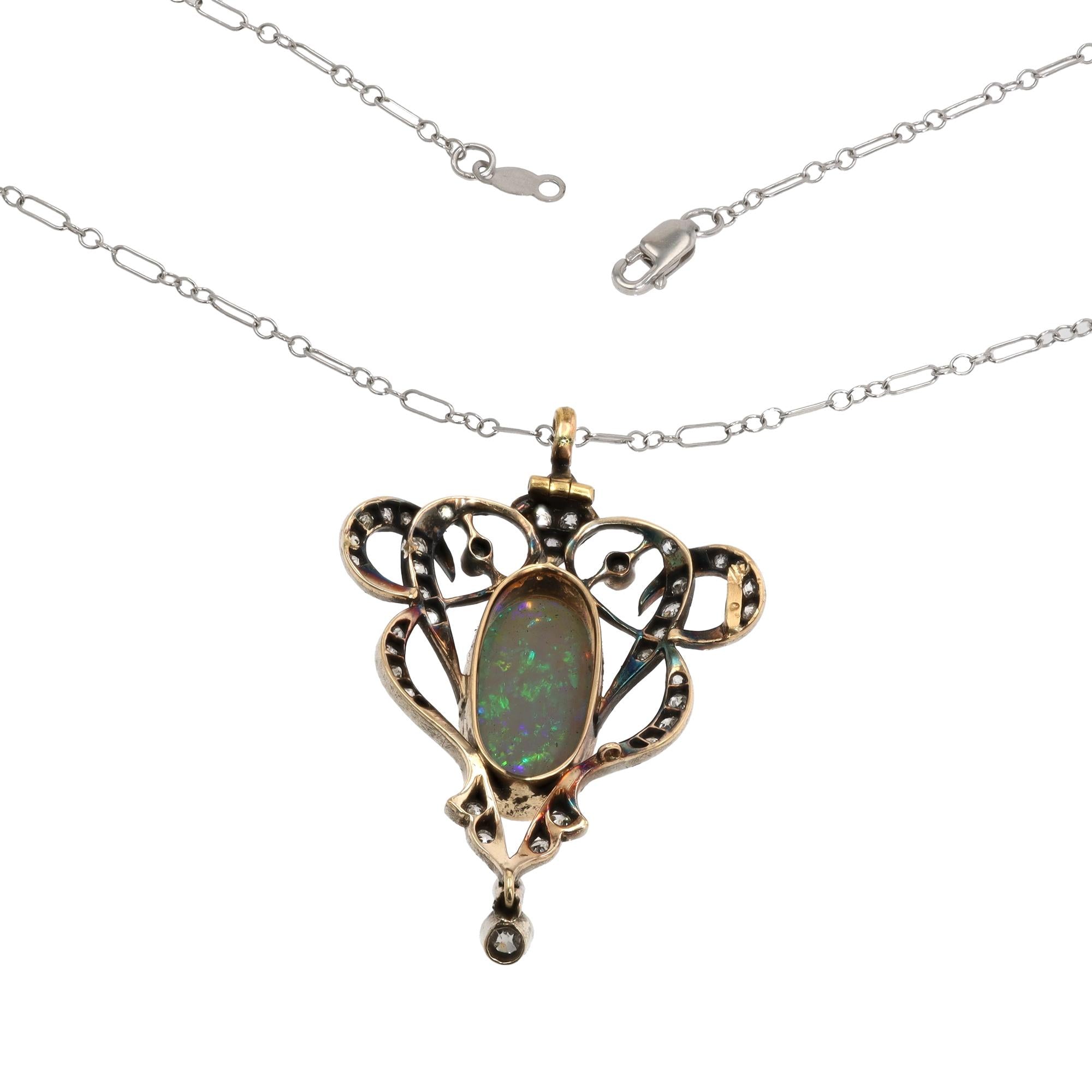 Art Nouveau Opal & Diamond Silver Topped 14k Gold Lavalier Necklace