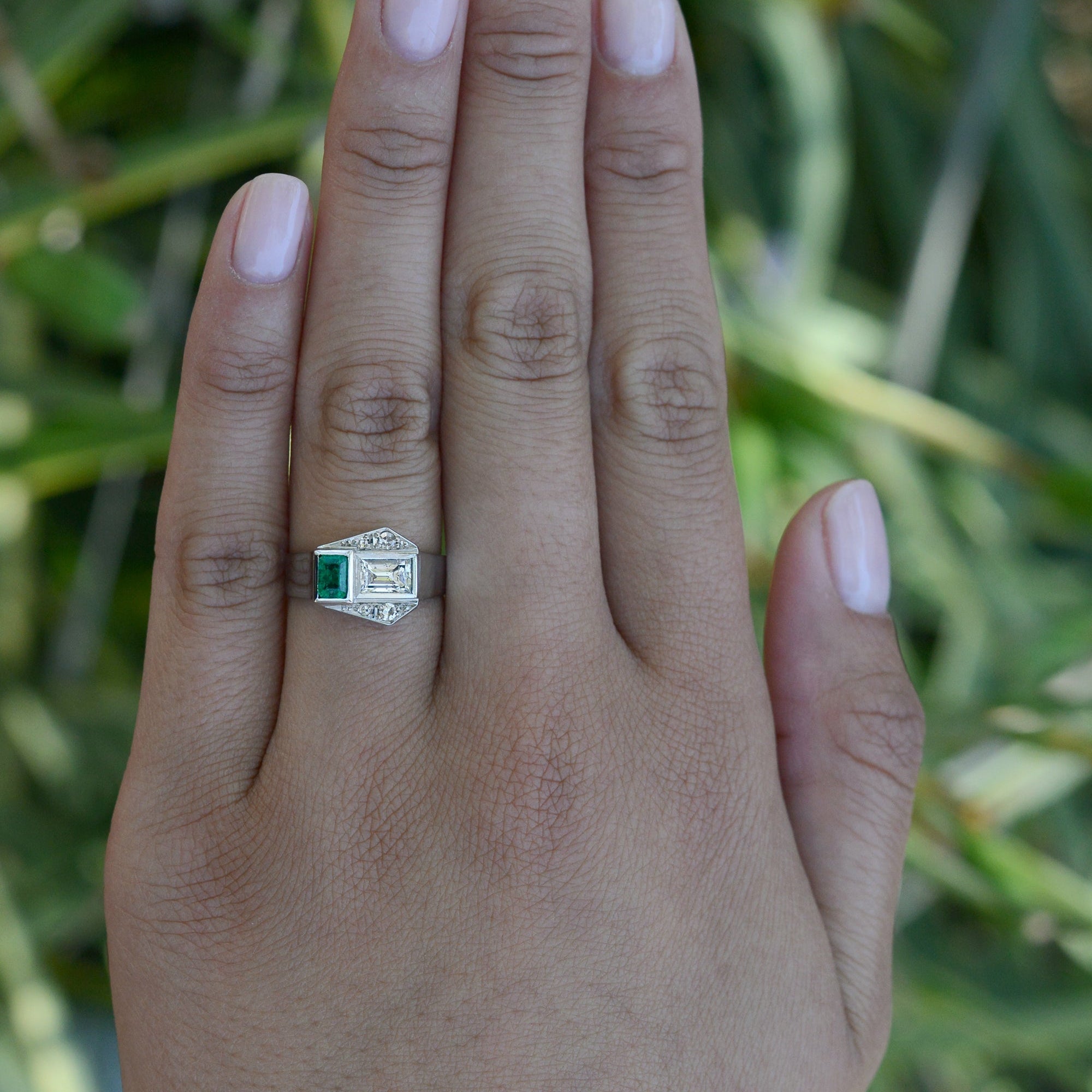 Antique Art Deco 2 Stone Diamond Emerald Toi et Moi Engagement Ring