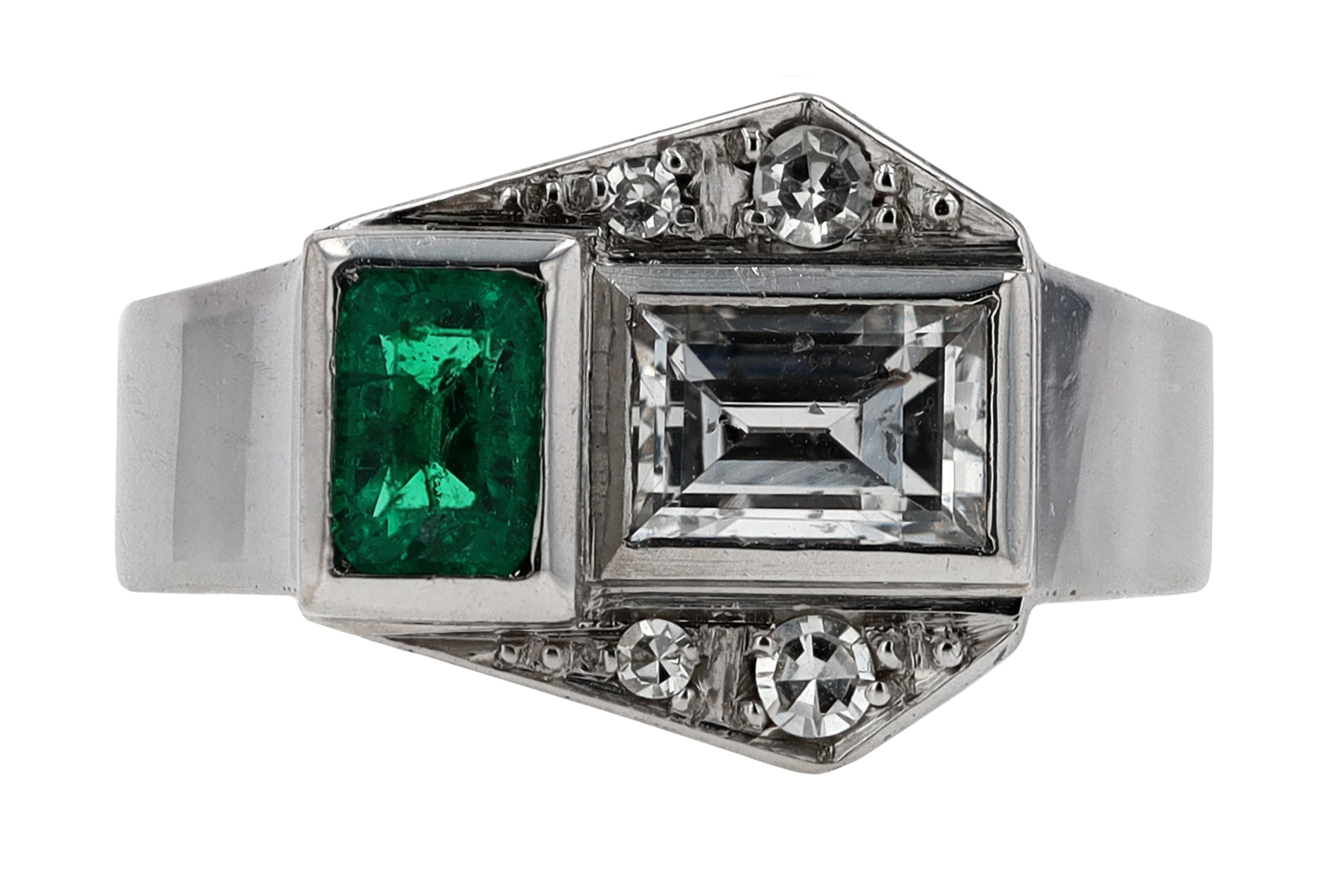 Antique Art Deco 2 Stone Diamond Emerald Toi et Moi Engagement Ring