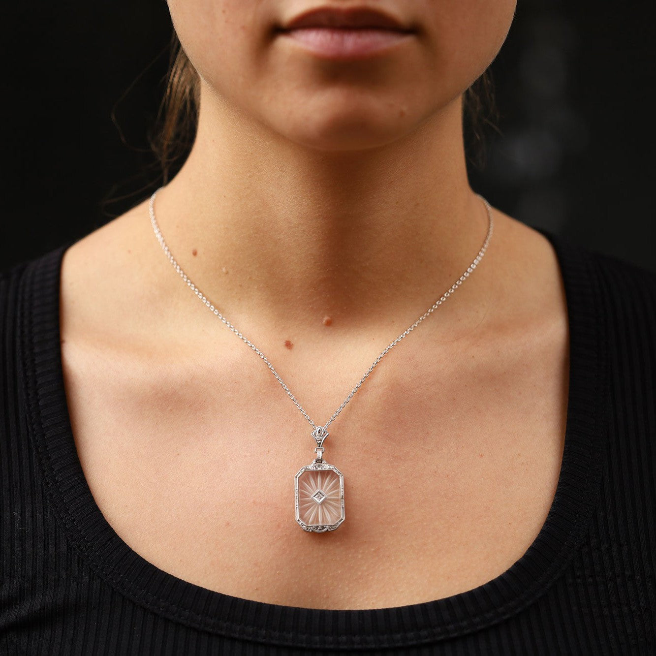 Antique Art Deco Carved Rock Crystal Diamond Platinum Filigree Pendant