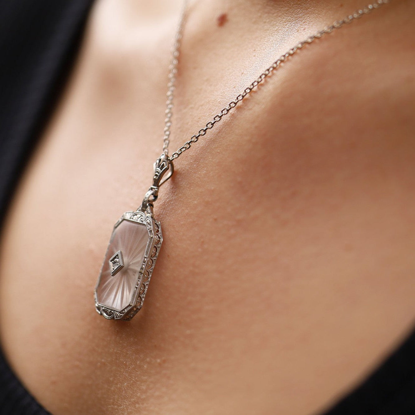 Antique Art Deco Carved Rock Crystal Diamond Platinum Filigree Pendant