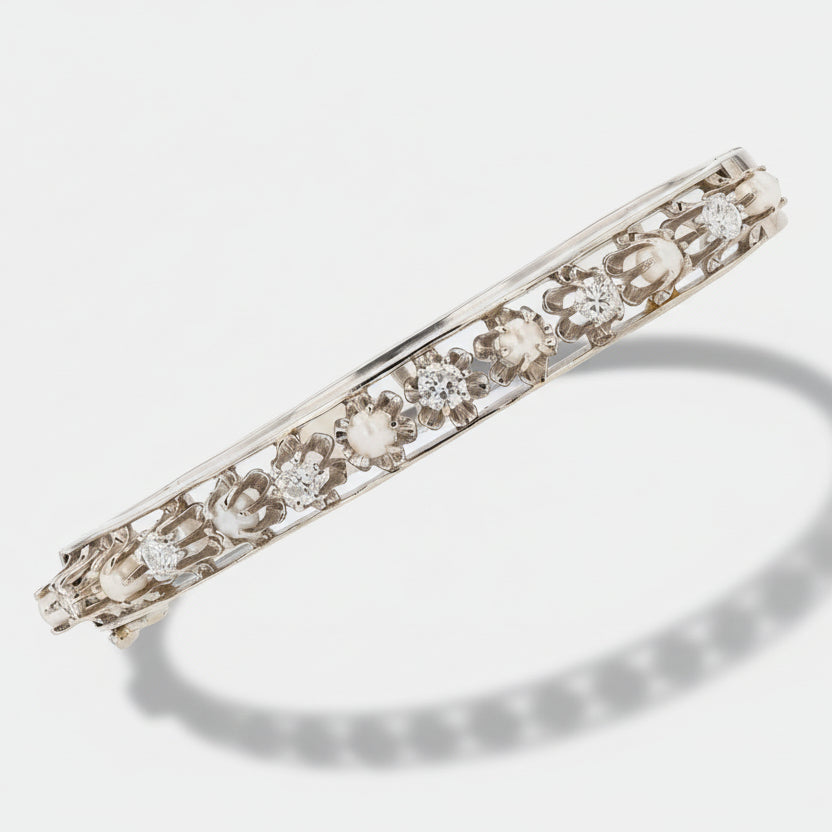 Antique Art Deco Diamond & Pearl Buttercup Bangle Bracelet