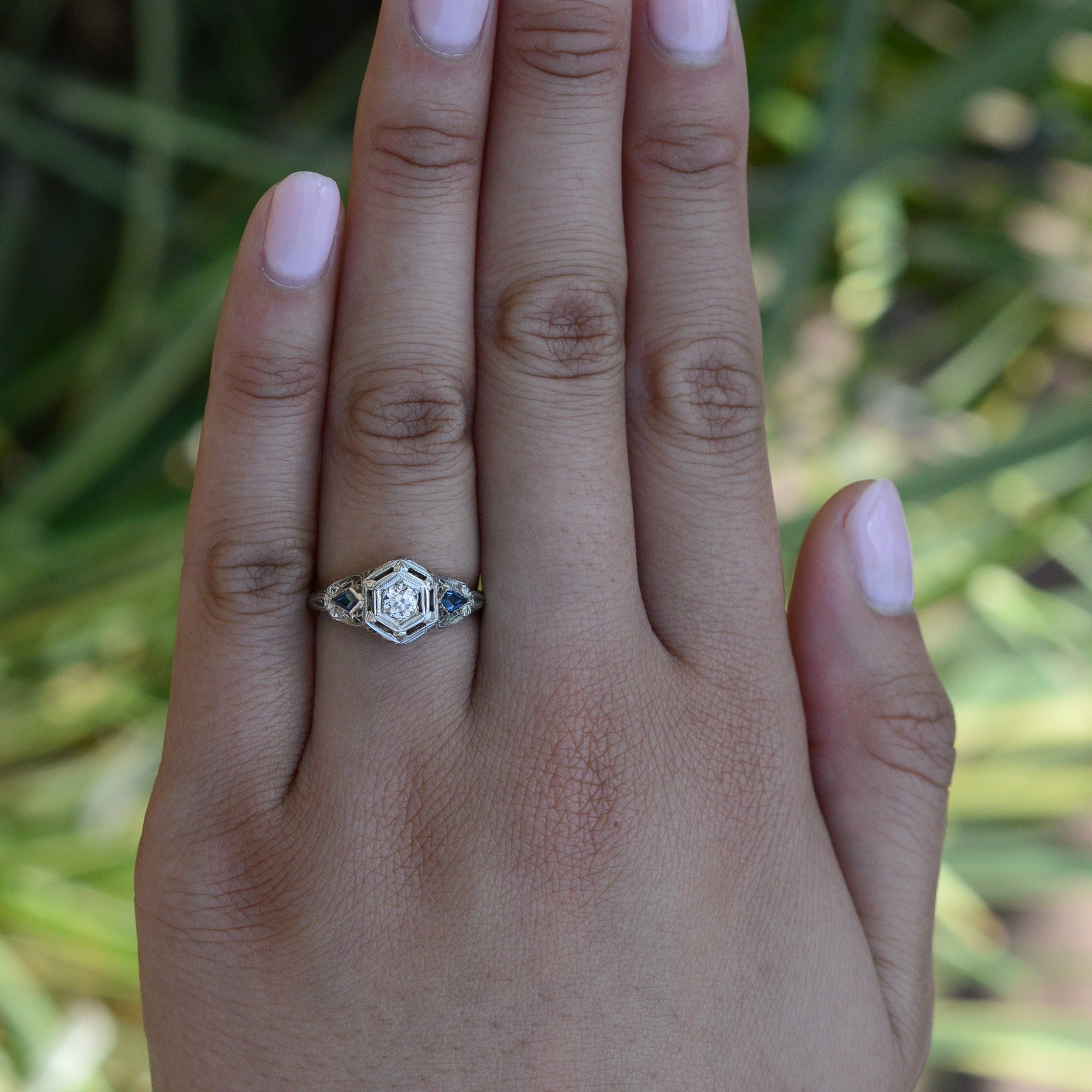 Antique Art Deco Filigree Diamond and Sapphire Engagement Ring