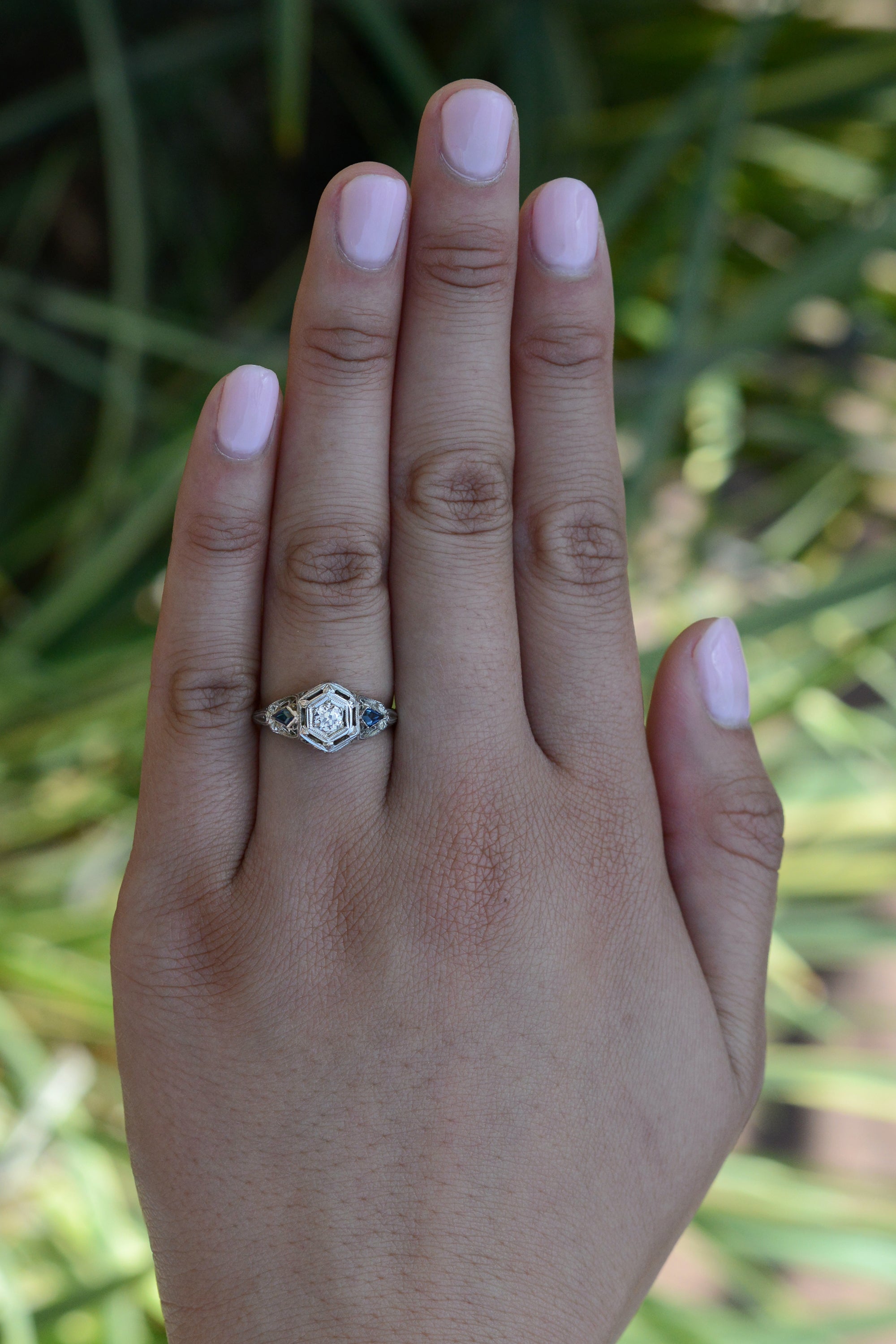Antique Art Deco Filigree Diamond and Sapphire Engagement Ring