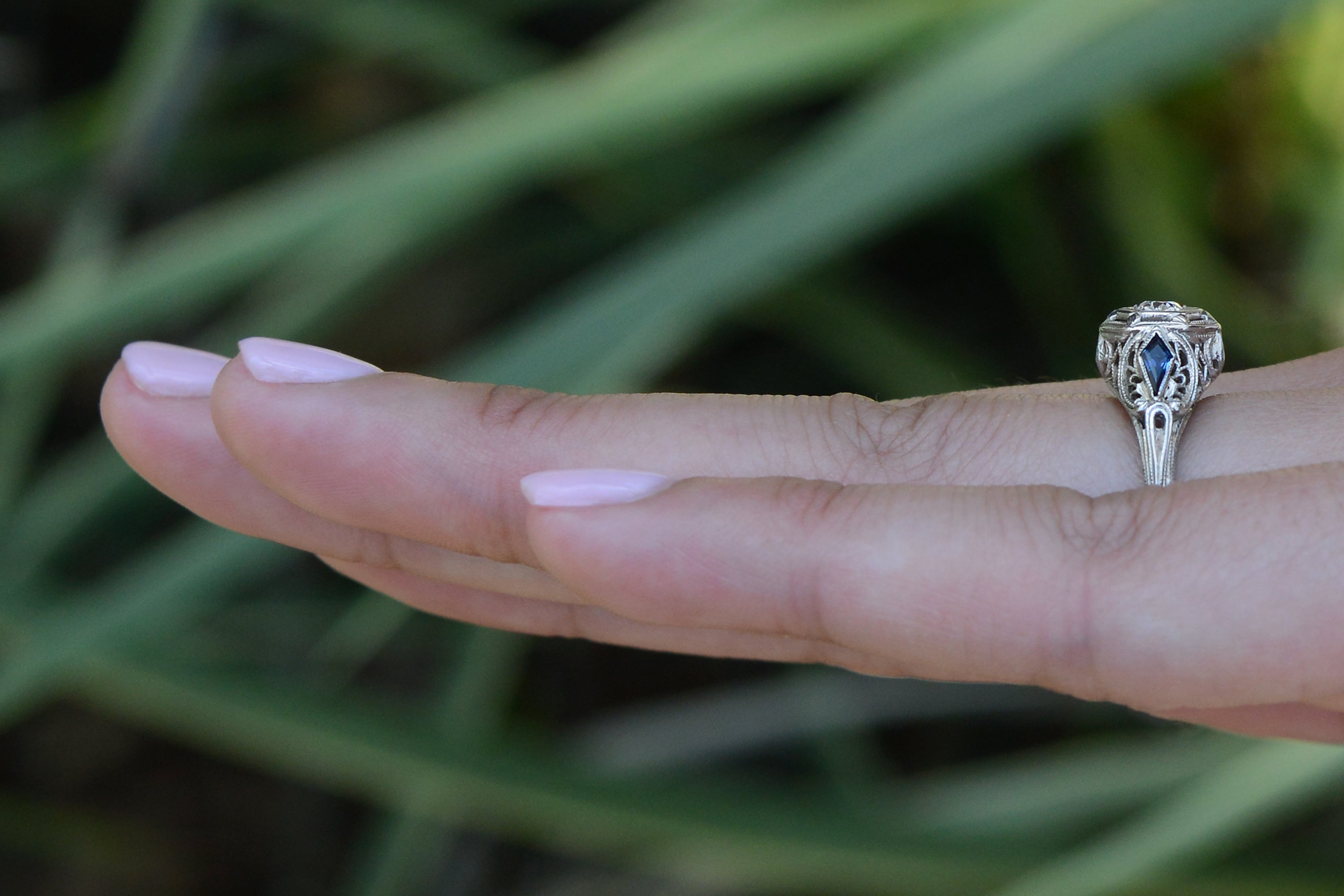 Antique Art Deco Filigree Diamond and Sapphire Engagement Ring
