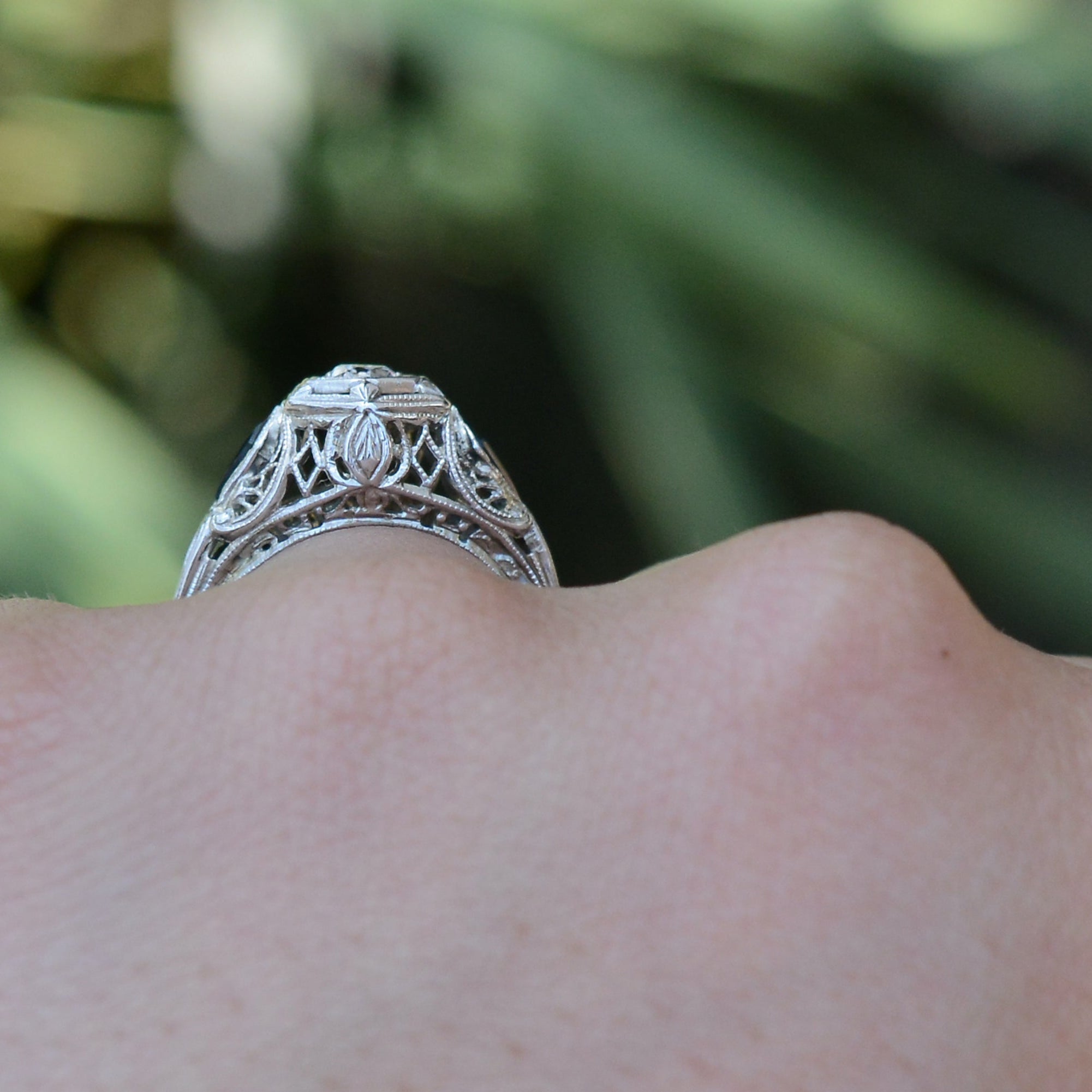 Antique Art Deco Filigree Diamond and Sapphire Engagement Ring