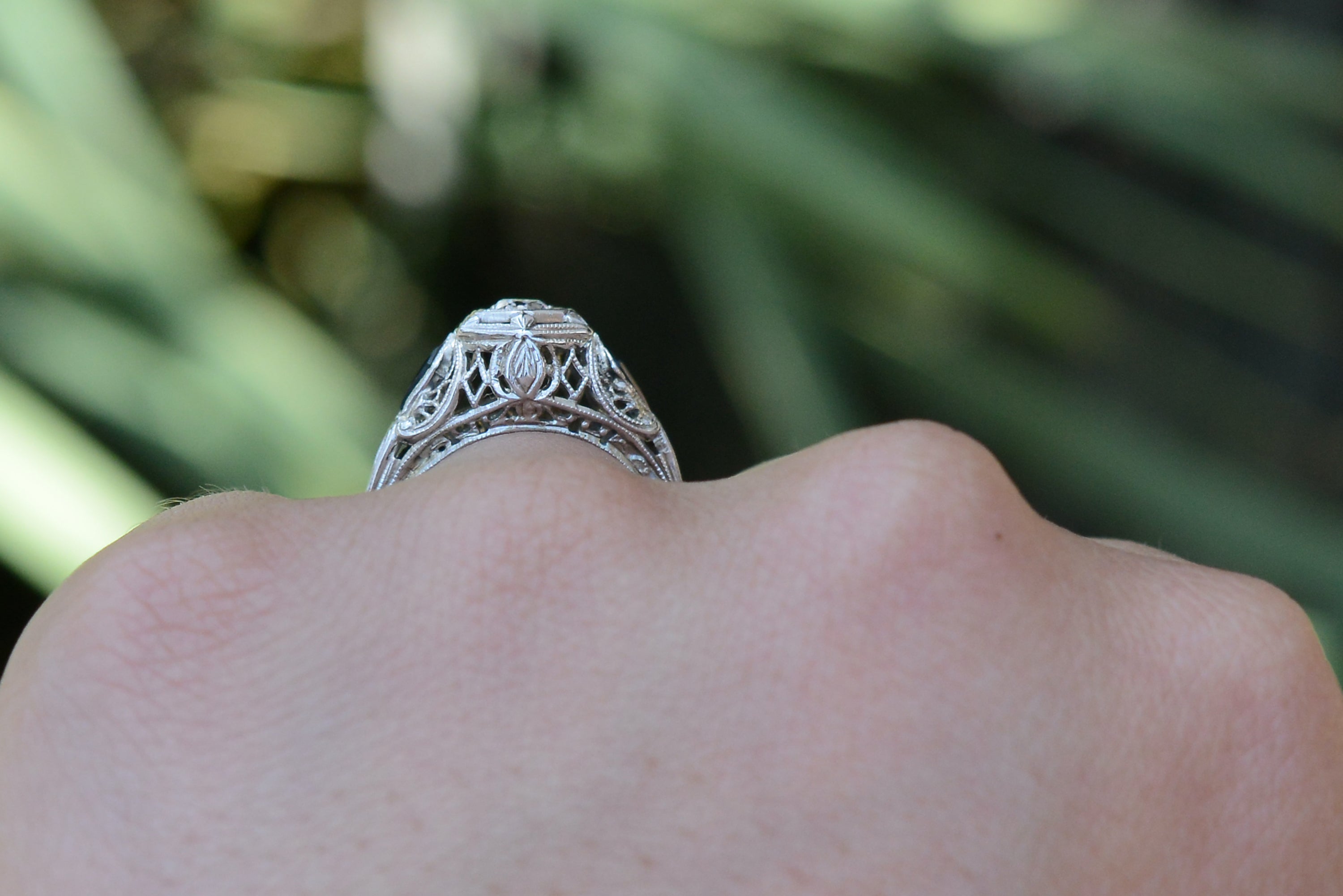 Antique Art Deco Filigree Diamond and Sapphire Engagement Ring