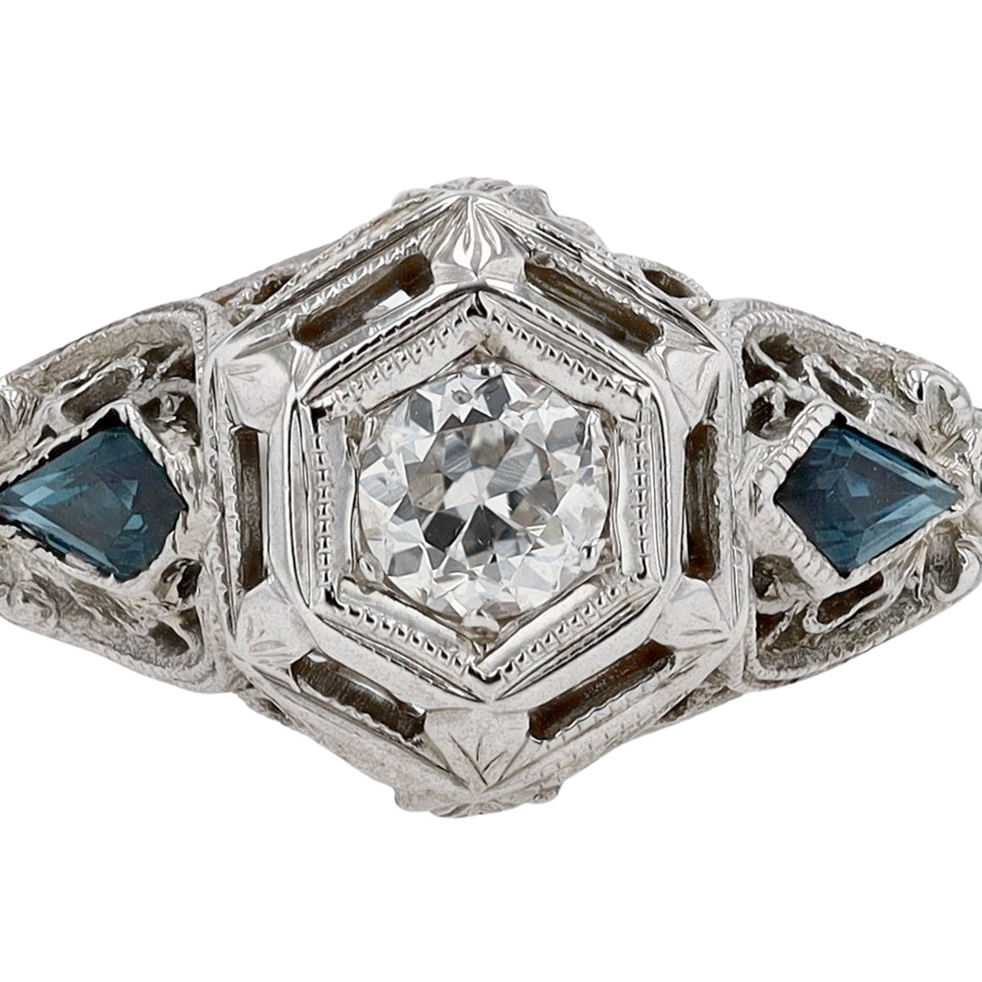 Antique Art Deco Filigree Diamond and Sapphire Engagement Ring
