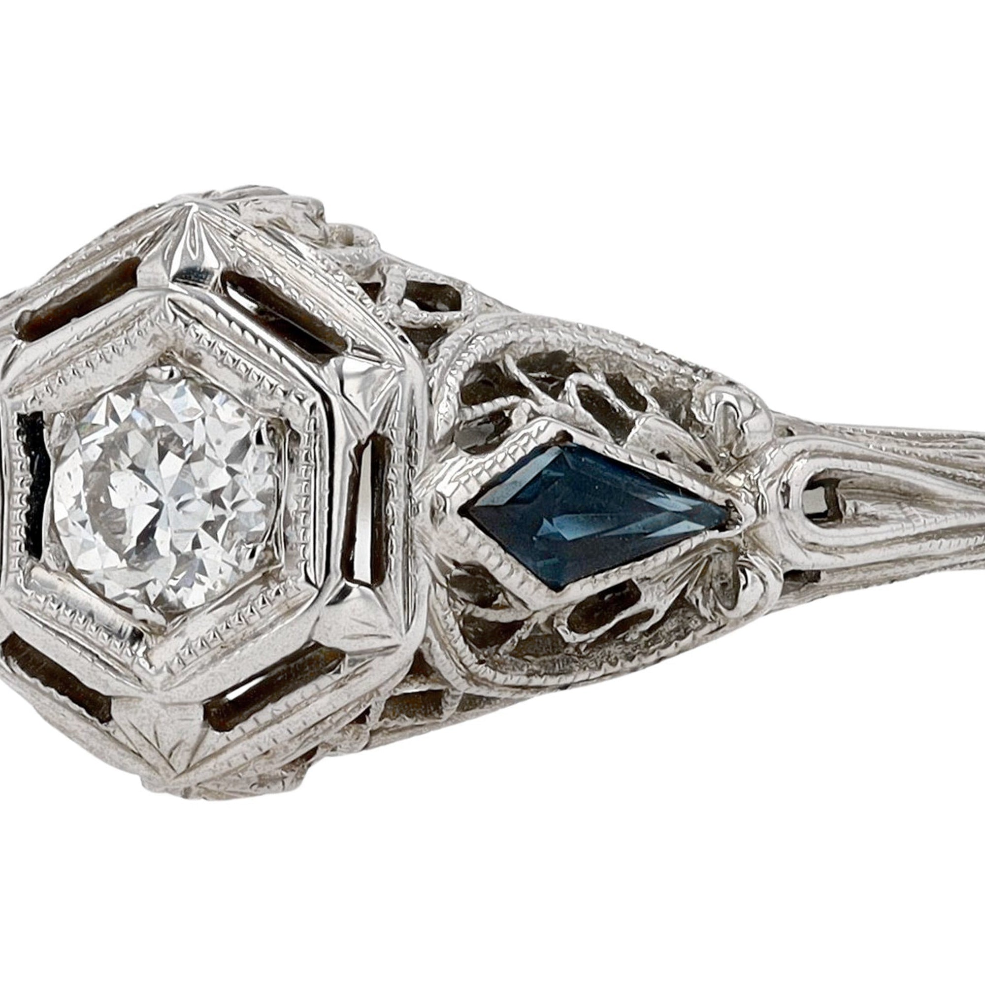 Antique Art Deco Filigree Diamond and Sapphire Engagement Ring