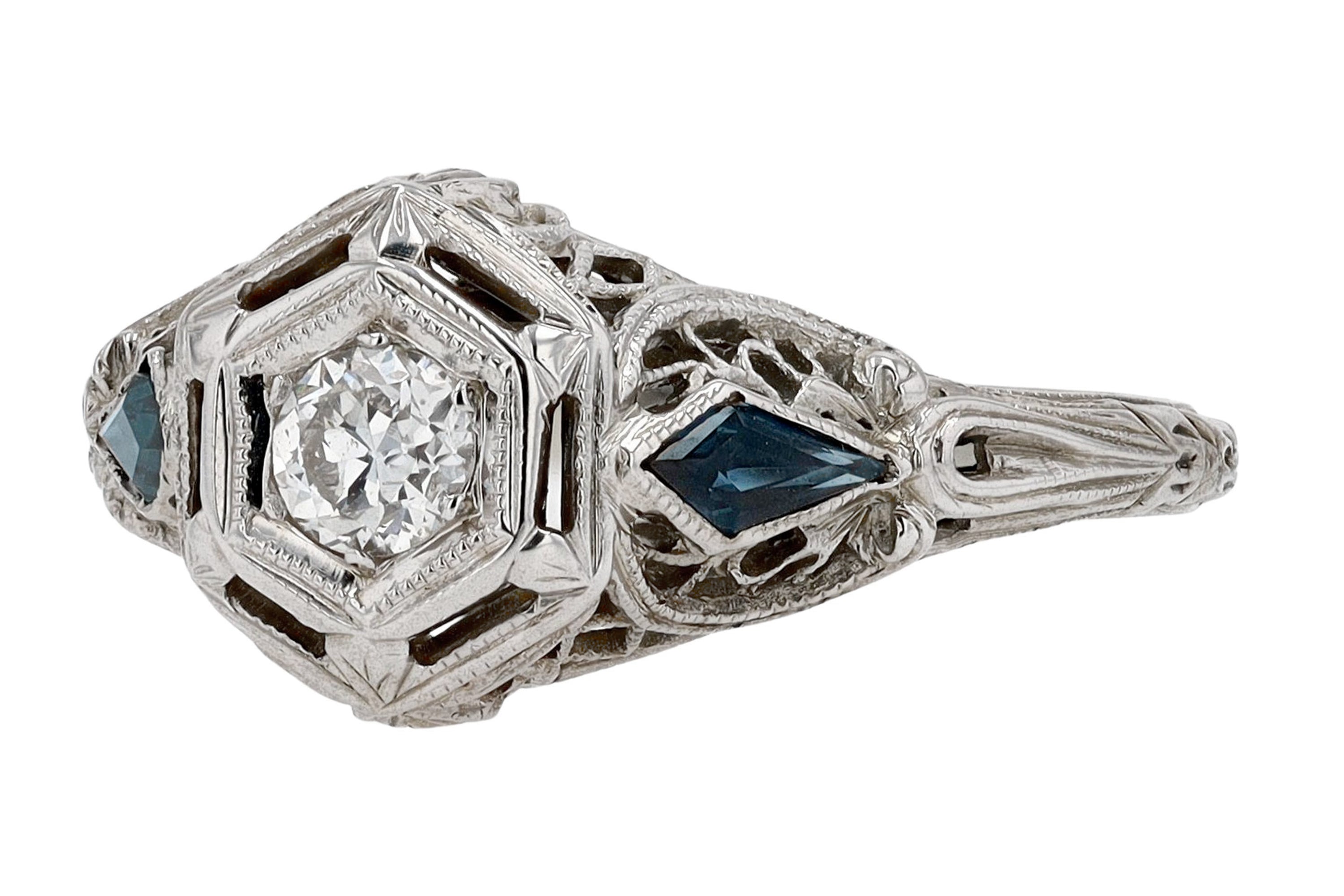 Antique Art Deco Filigree Diamond and Sapphire Engagement Ring