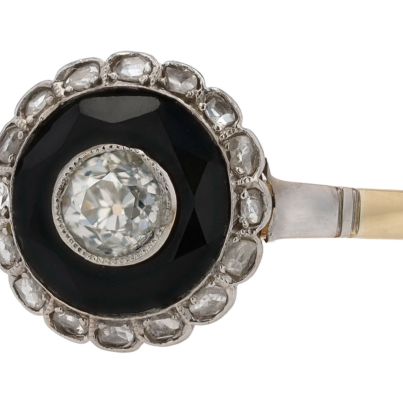 Antique Art Deco Old Mine Diamond & Onyx Target Engagement Ring