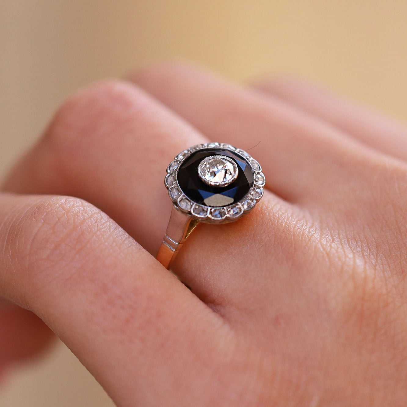 Antique Art Deco Old Mine Diamond & Onyx Target Engagement Ring