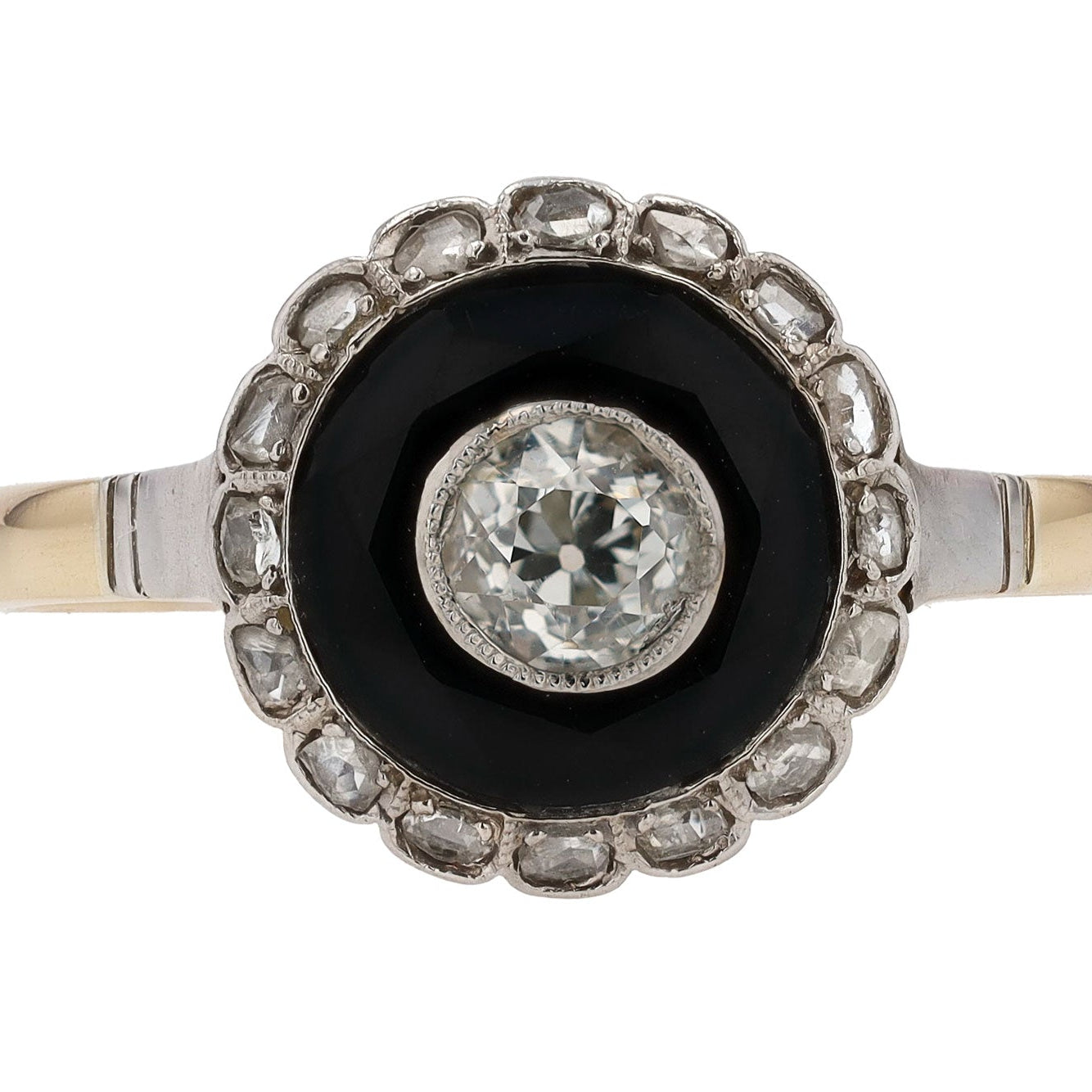 Antique Art Deco Old Mine Diamond & Onyx Target Engagement Ring