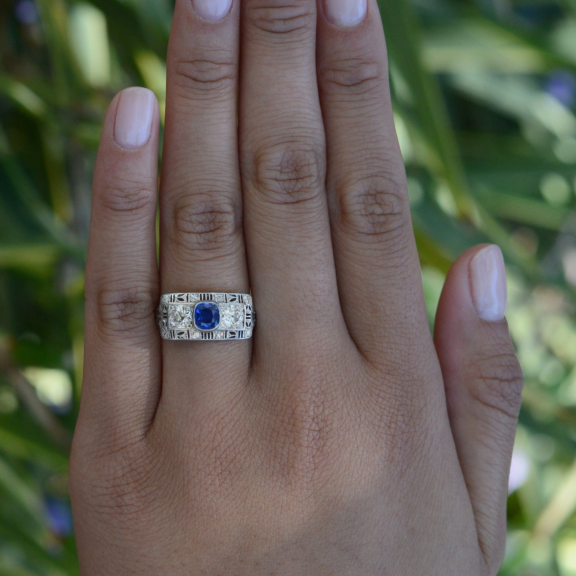 Antique Art Deco Sapphire Diamond 3-Stone Filigree Engagement Ring