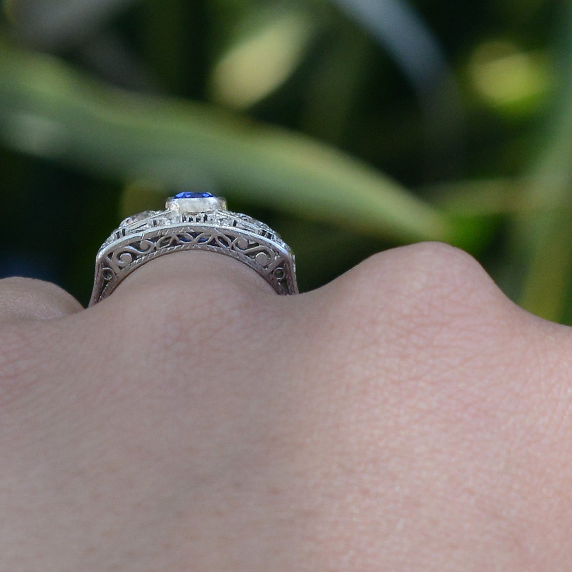 Antique Art Deco Sapphire Diamond 3-Stone Filigree Engagement Ring