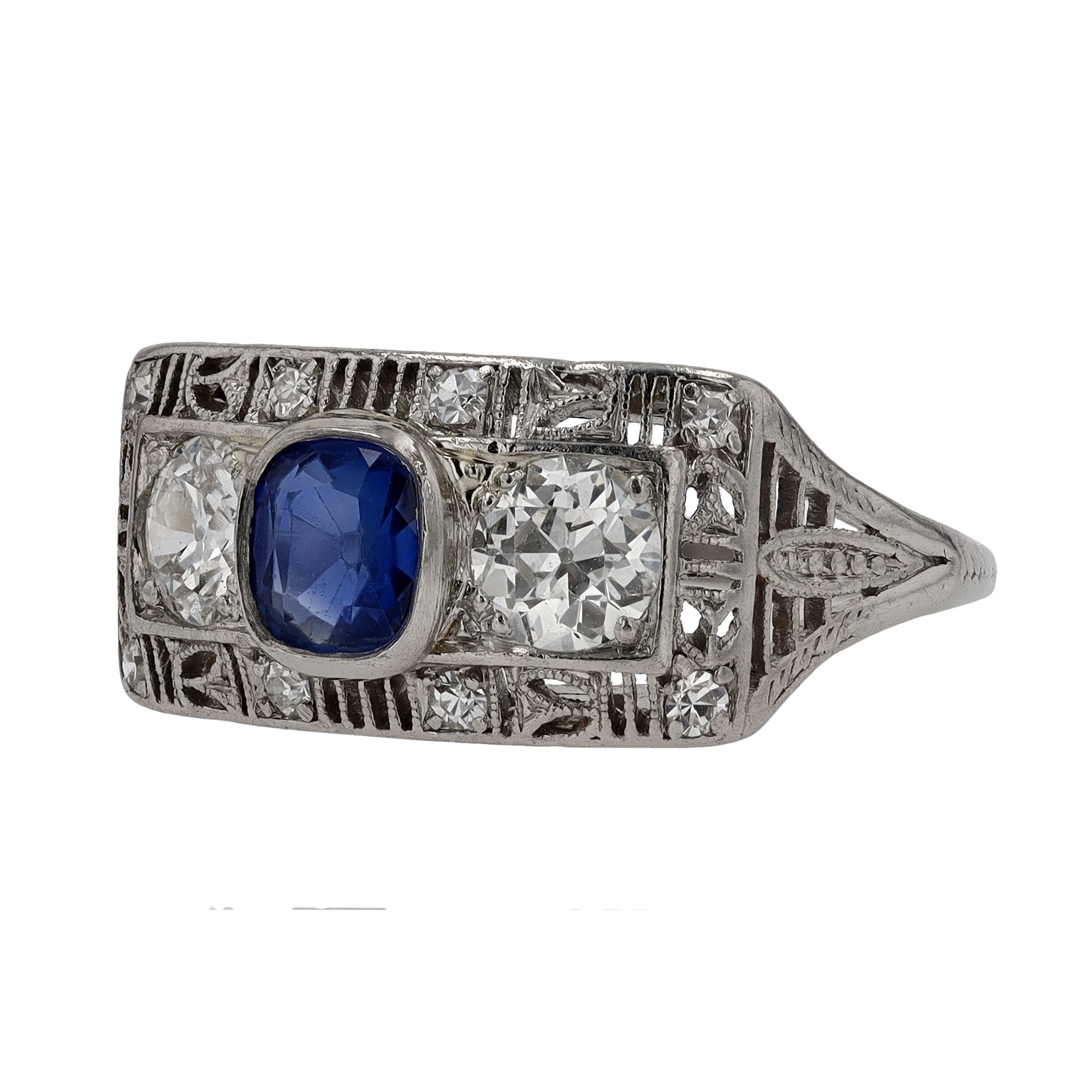 Antique Art Deco Sapphire Diamond 3-Stone Filigree Engagement Ring